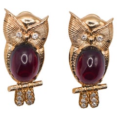 Boucles d'oreilles or grenat et diamant hibou