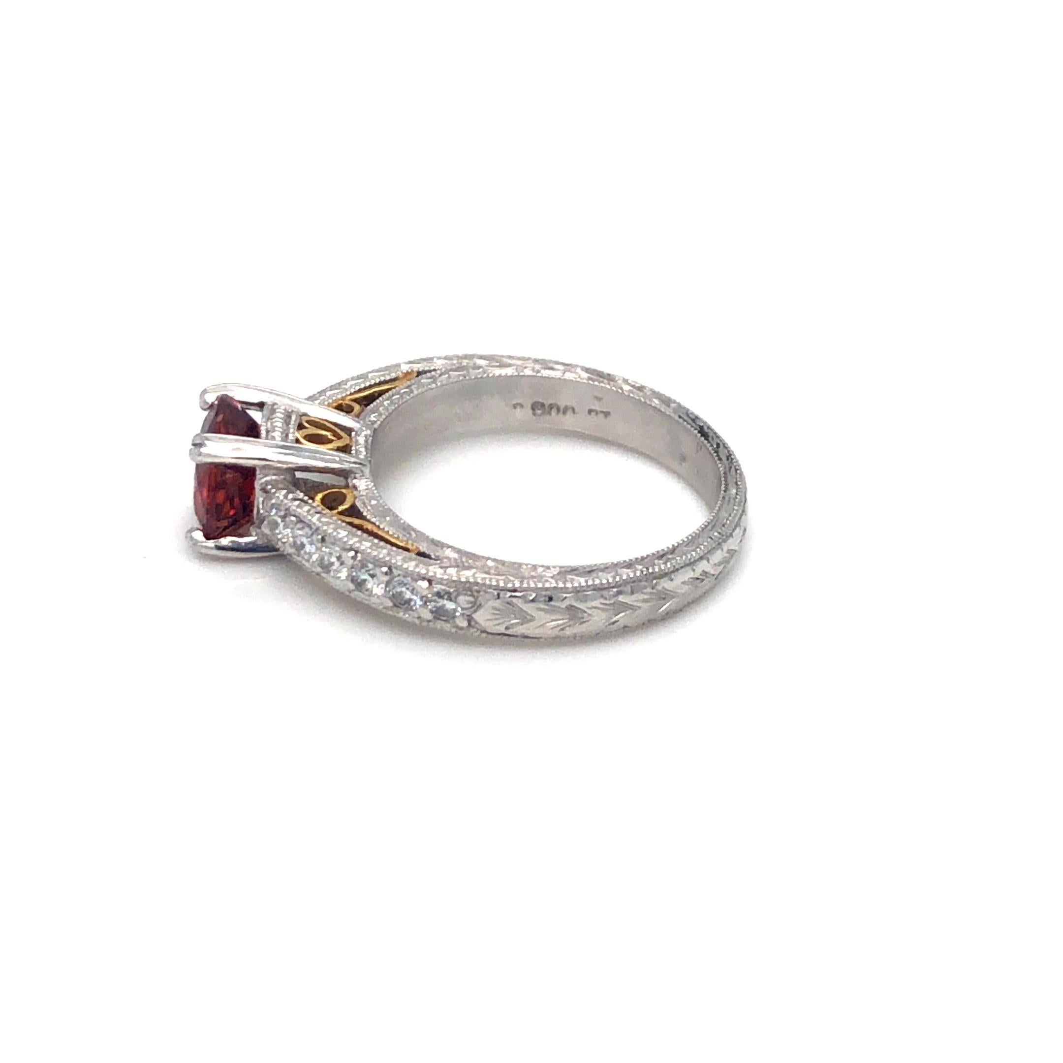 Round Cut Garnet and Diamond Platinum and 18k Yellow Gold Ring For Sale