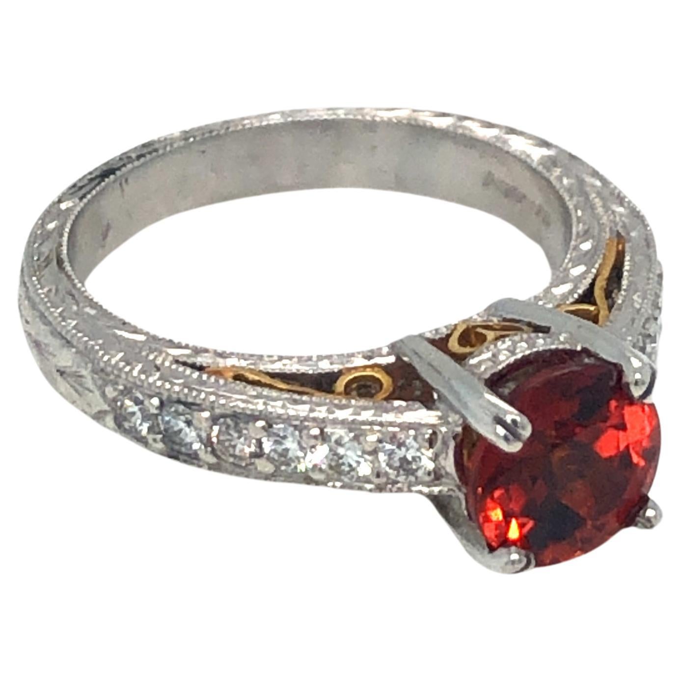 Garnet and Diamond Platinum and 18k Yellow Gold Ring For Sale