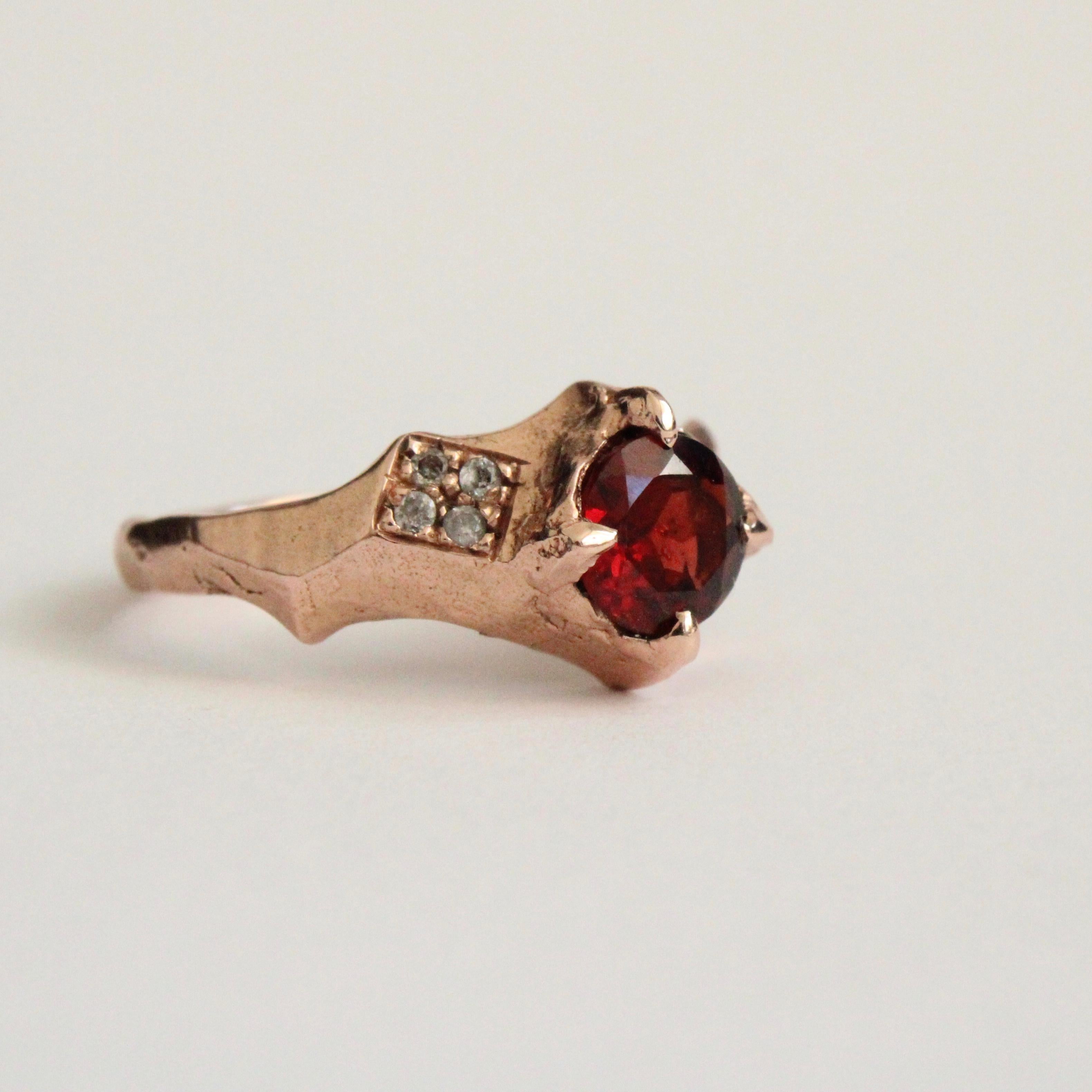 Modern Garnet and Diamond Sculptural Ring in 14 Karat Rose Gold For Sale