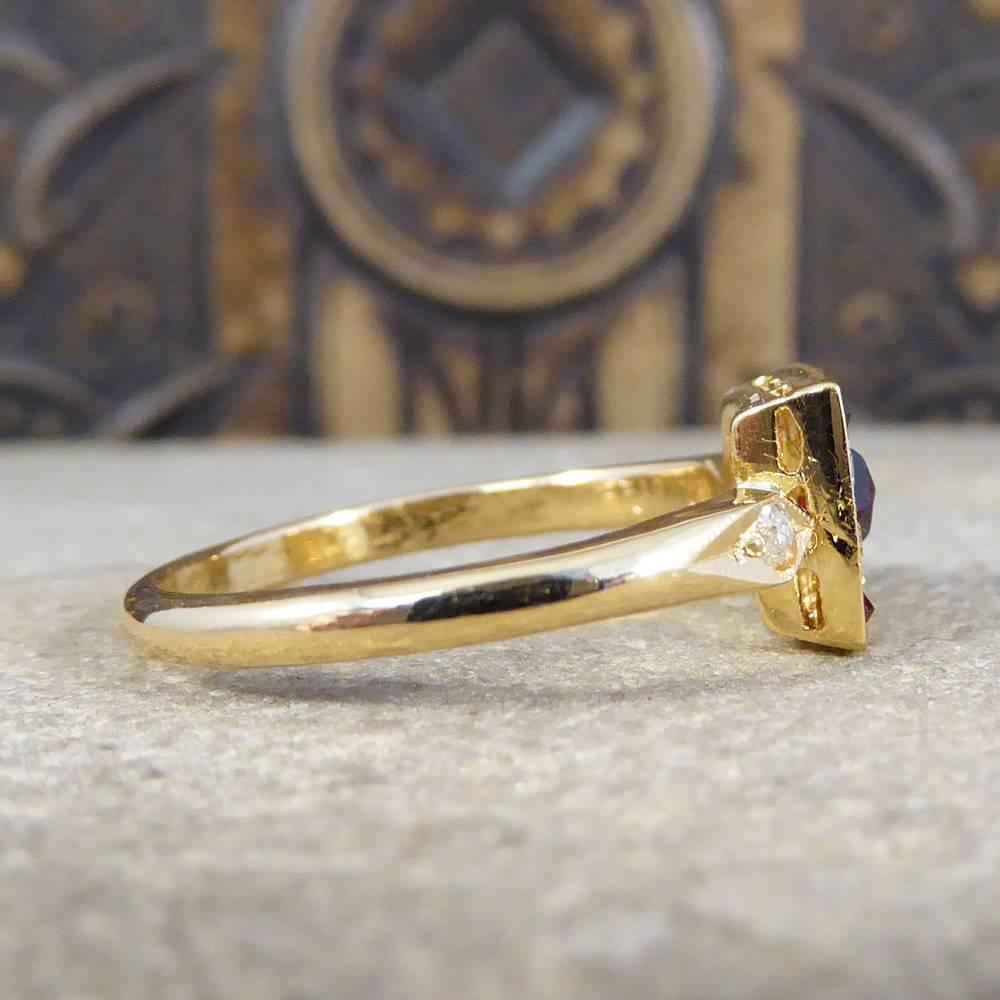 Modern Garnet and Diamond Square 18 Carat Gold Ring