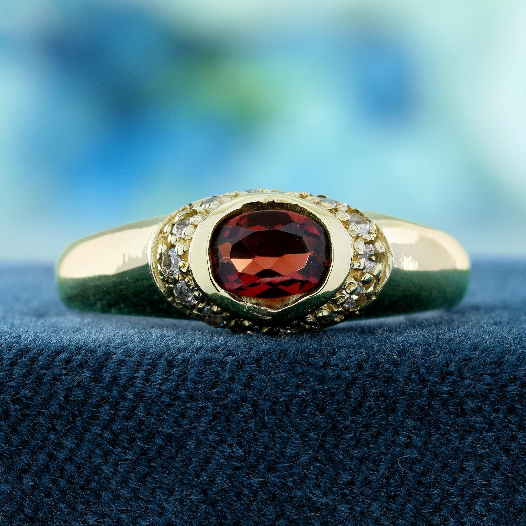 Tells a story of enduring love and timeless elegance. At its heart, the deep red garnet represents passion, strength, and devotion, its rich color evoking the warmth of deep affection. Surrounded by sparkling diamonds, the ring's design highlights