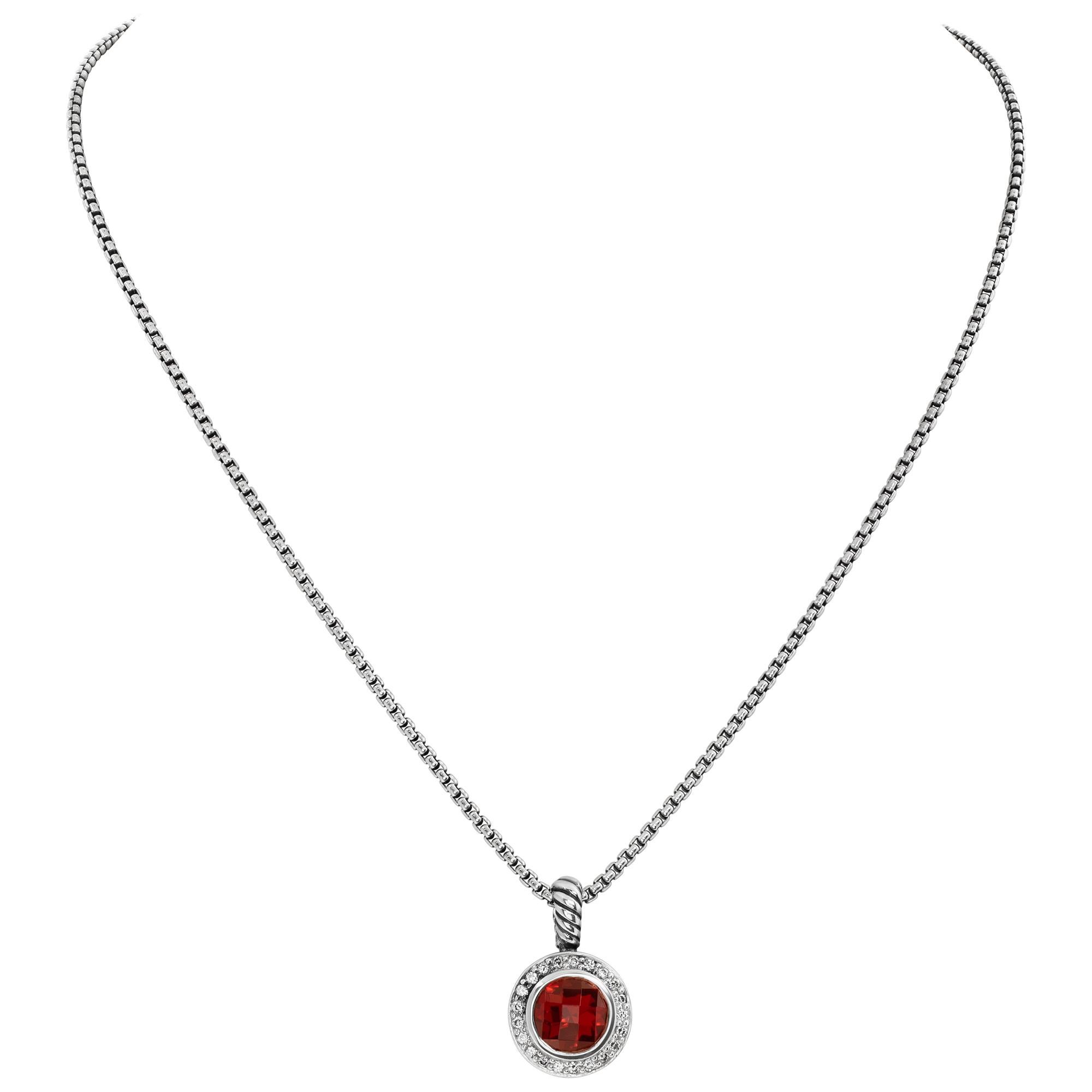 David Yurman Petit Albion garnet and diamonds pendant on sterling silver chain with 14k DY accent. Length 16 inches. Size of the pendant 21mm x 13 mm.
