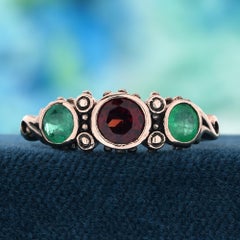 Garnet and Emerald Vintage Style Three Stones Filigree Ring in Solid 9K Gold