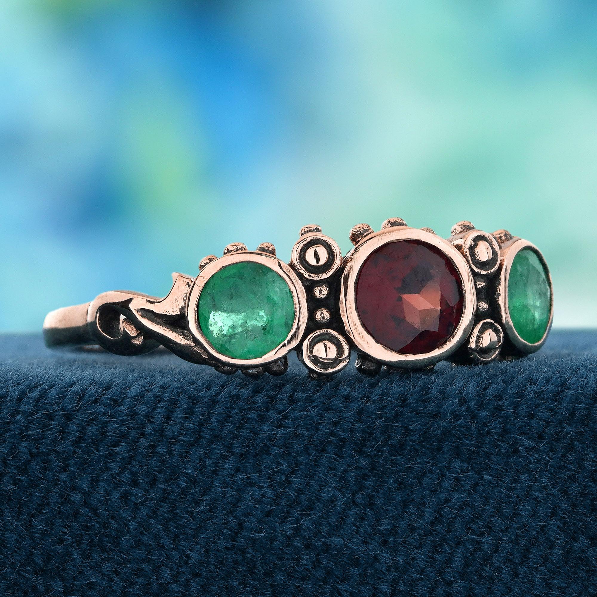 Edwardian Garnet and Emerald Vintage Style Three Stones Filigree Ring in Solid 9K Gold For Sale