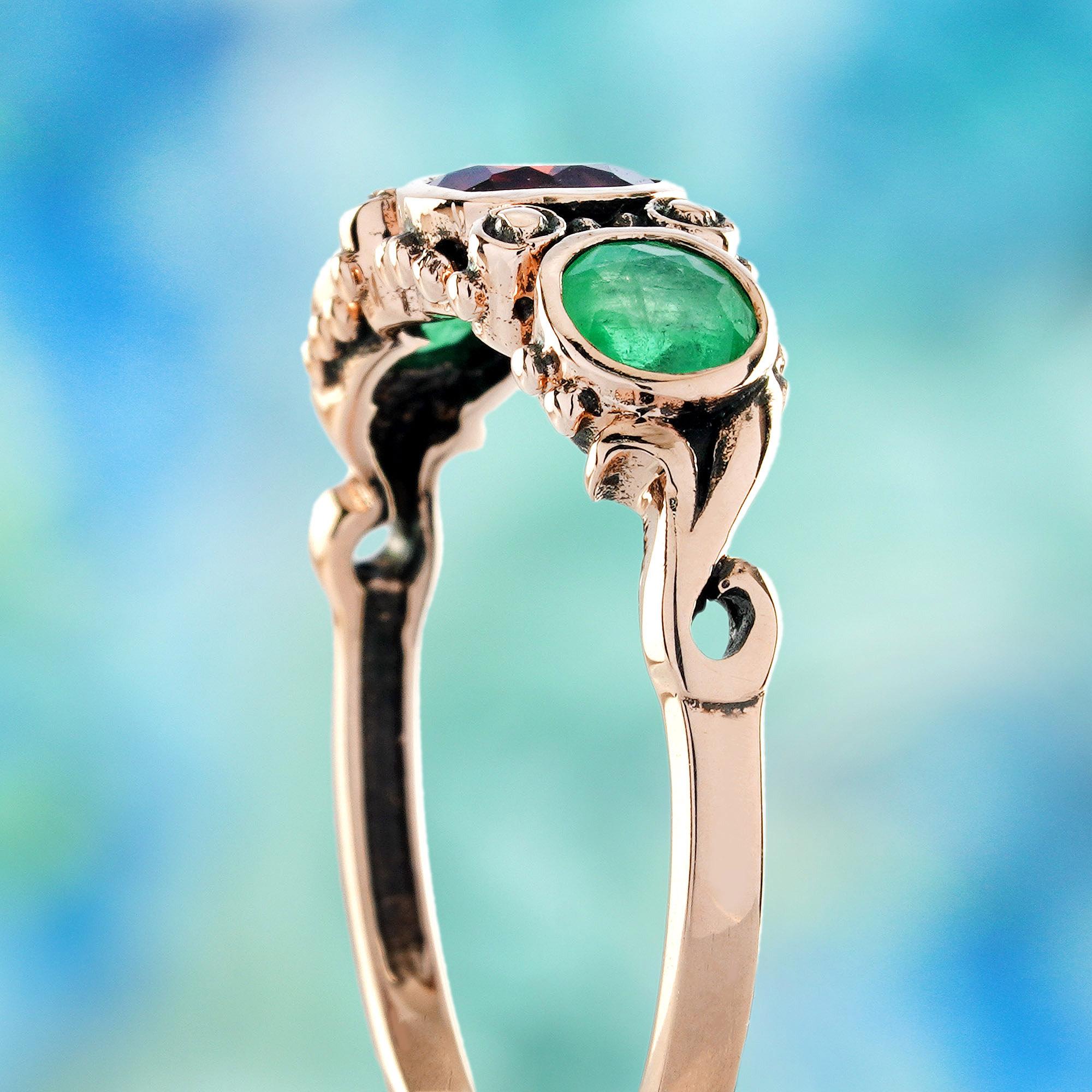 Women's Garnet and Emerald Vintage Style Three Stones Filigree Ring in Solid 9K Gold For Sale