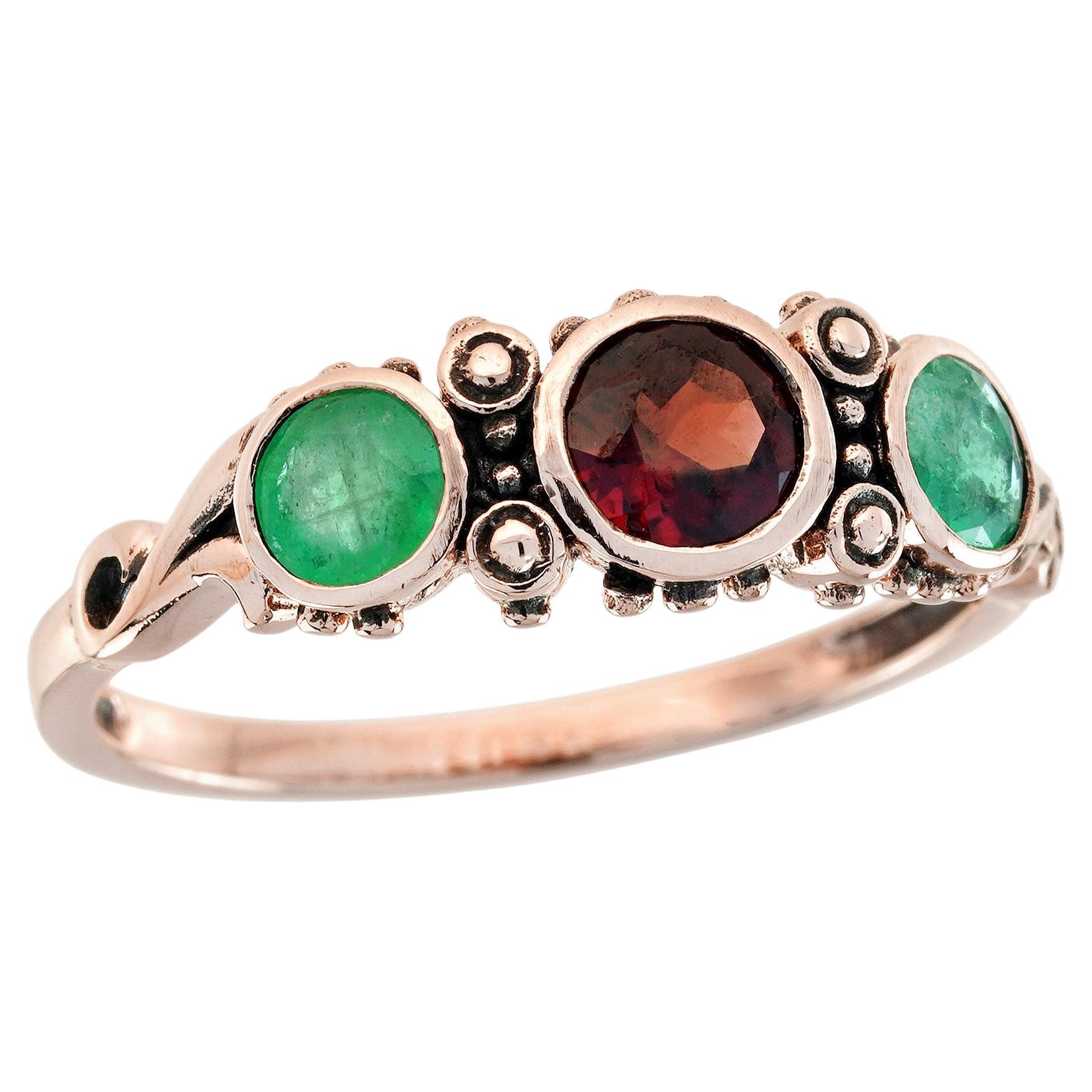Garnet and Emerald Vintage Style Three Stones Filigree Ring in Solid 9K Gold