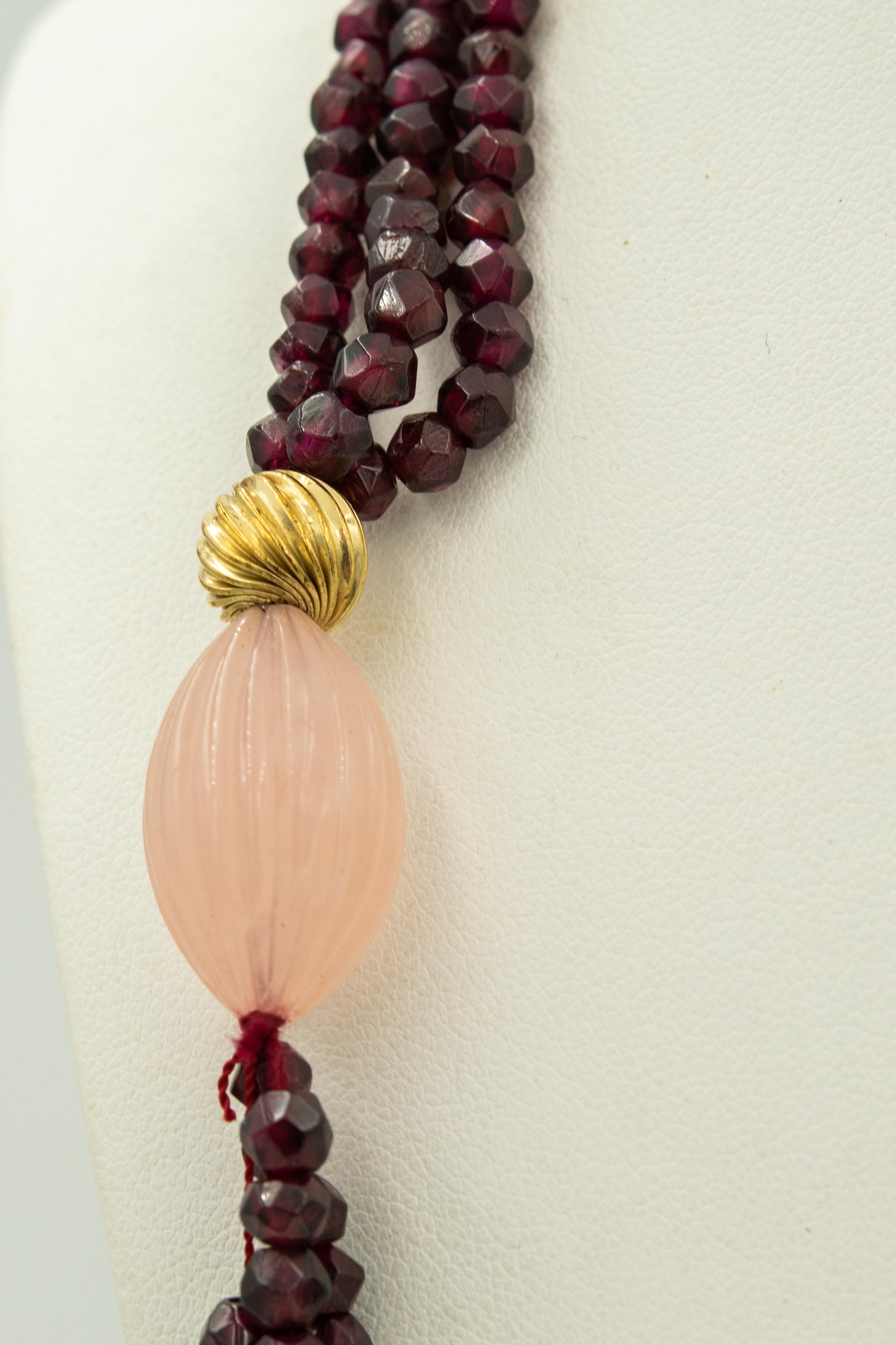 Women's or Men's Garnet and Fluted Rose Quartz Multi-Strand Bead Necklace