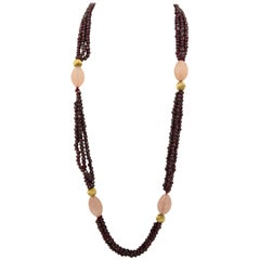 Garnet and Fluted Rose Quartz Multi-Strand Bead Necklace