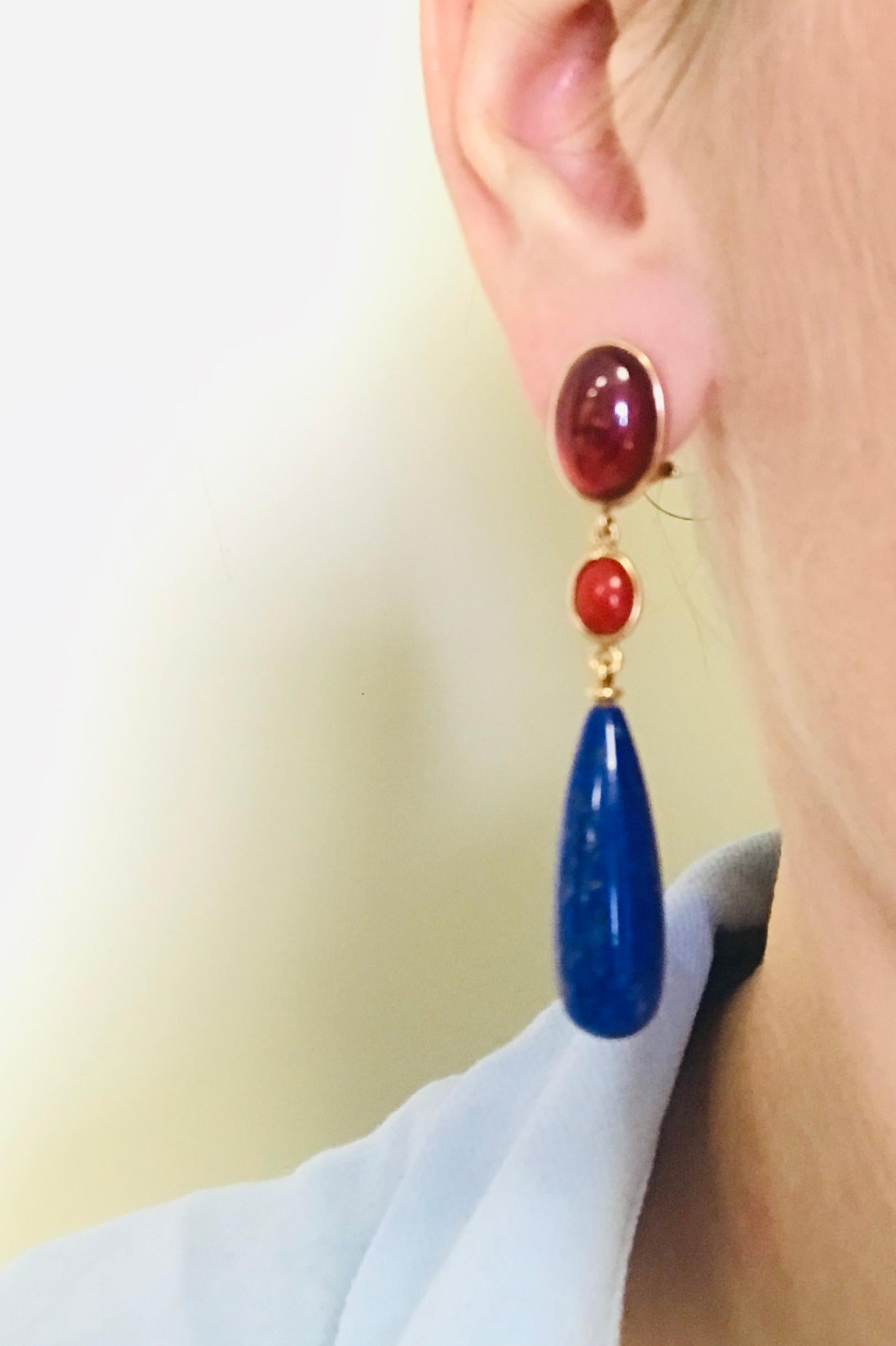 Baroque Garnet and Lapis Lazuli on Pink Gold 18 Karat Chandelier Earrings For Sale