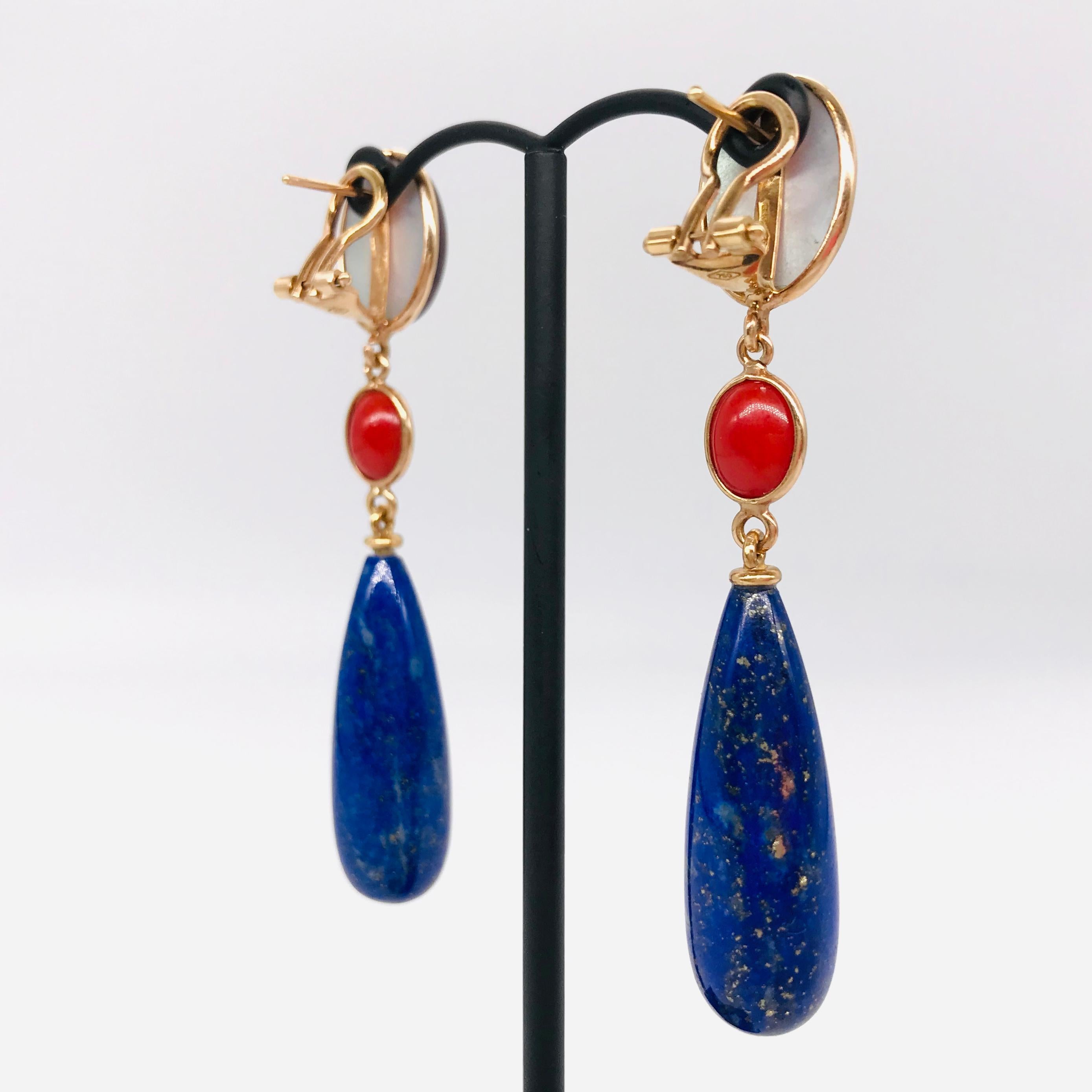 Garnet and Lapis Lazuli on Pink Gold 18 Karat Chandelier Earrings In New Condition For Sale In Vannes, FR