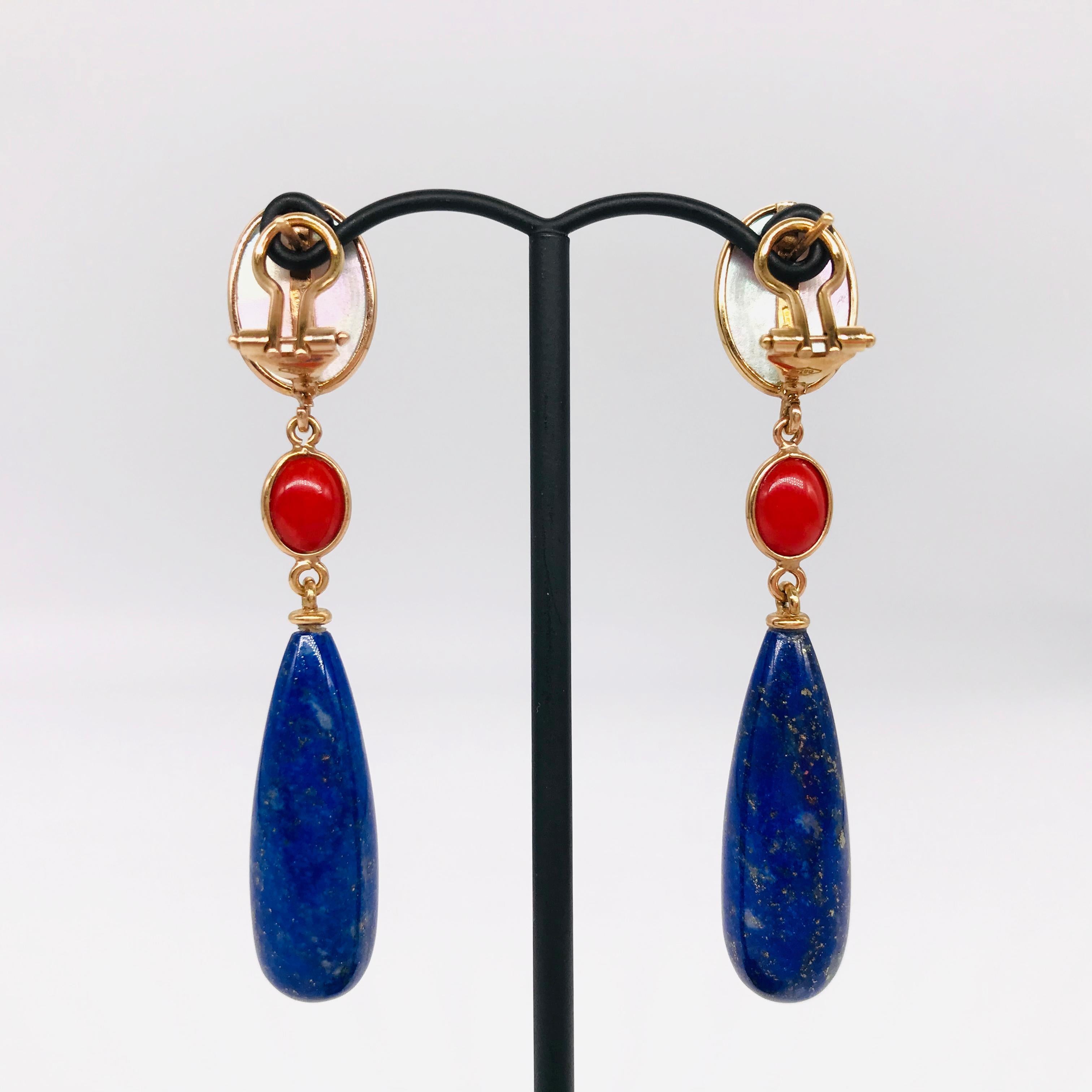 Women's Garnet and Lapis Lazuli on Pink Gold 18 Karat Chandelier Earrings For Sale