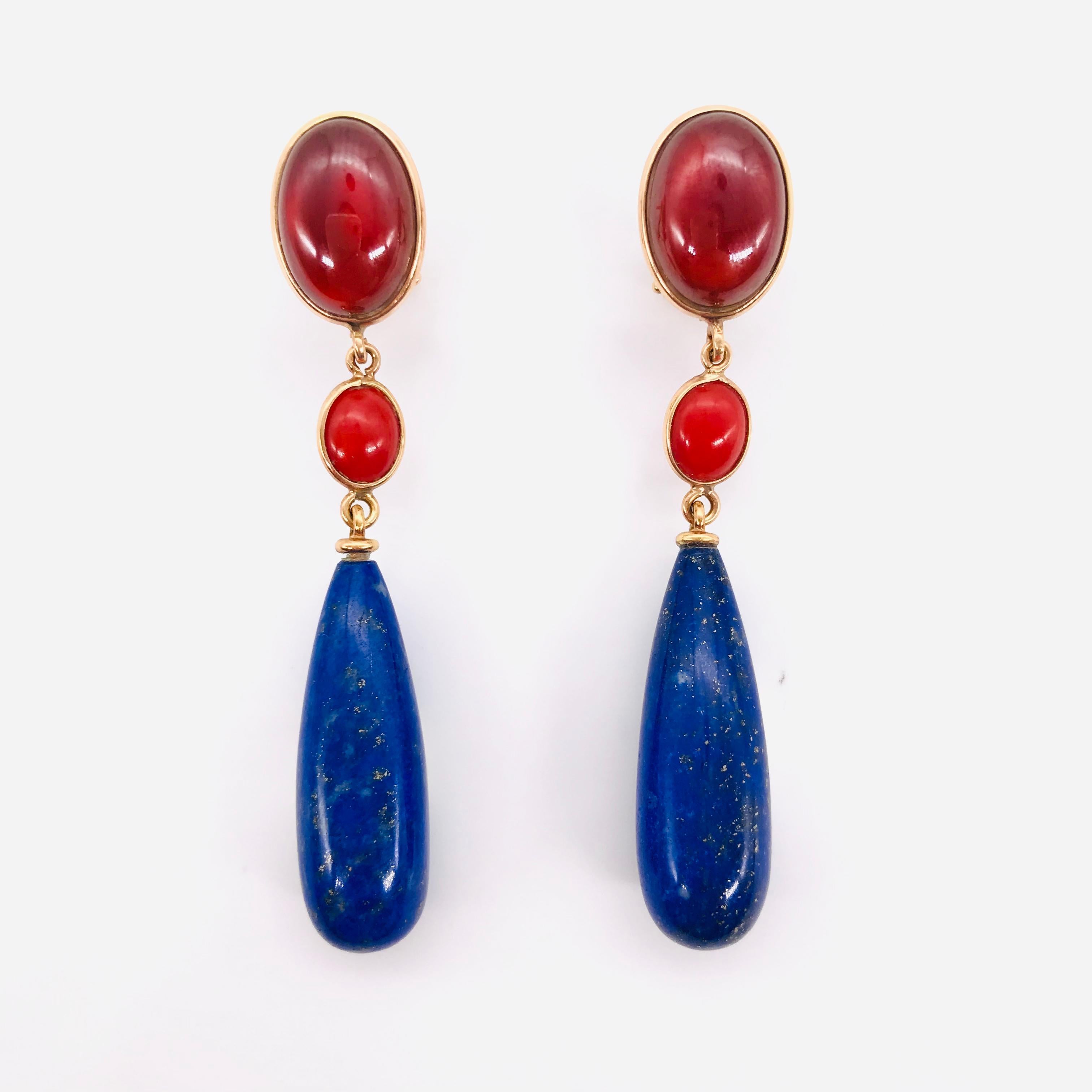 Garnet and Lapis Lazuli on Pink Gold 18 Karat Chandelier Earrings For Sale 1