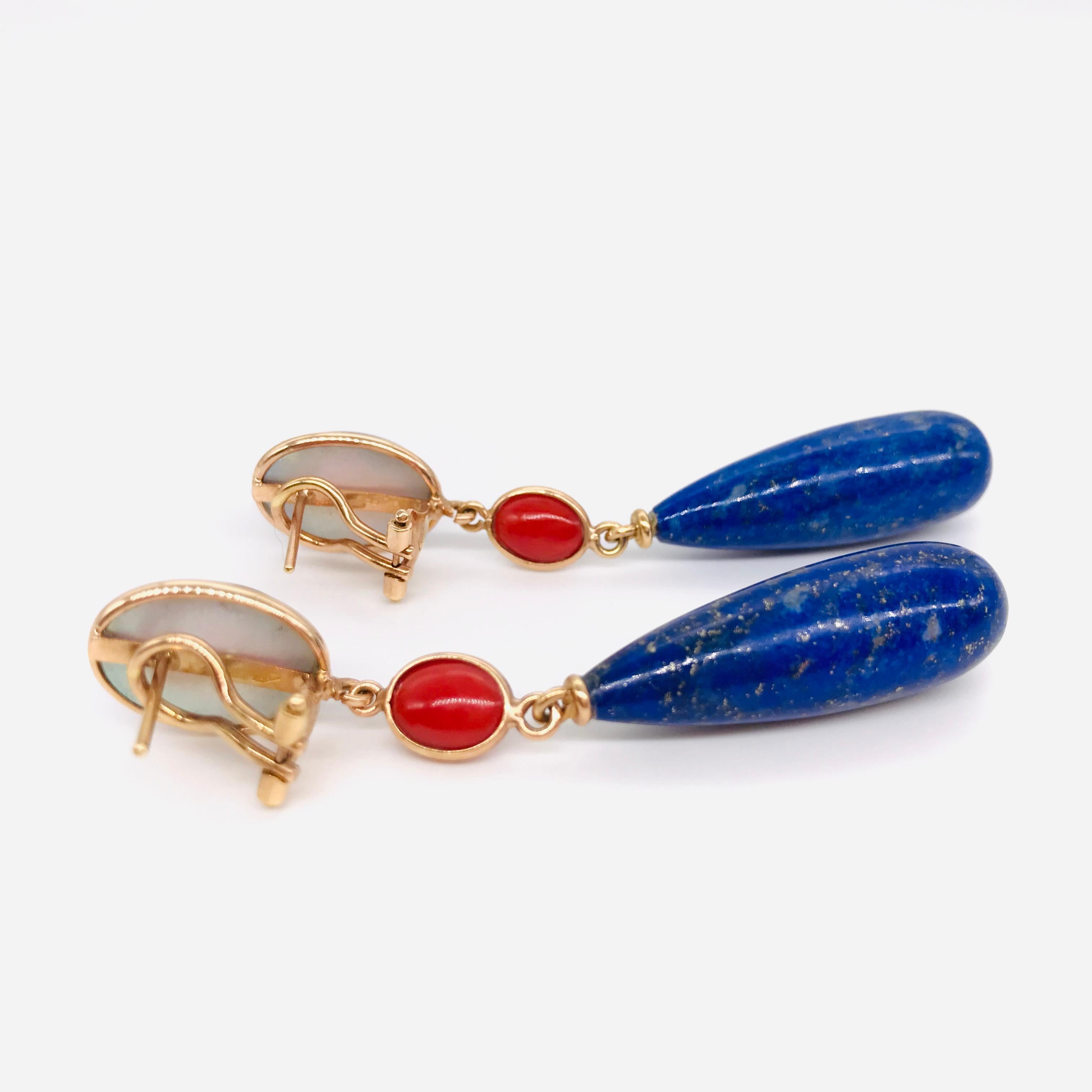 Garnet and Lapis Lazuli on Pink Gold 18 Karat Chandelier Earrings For Sale 2