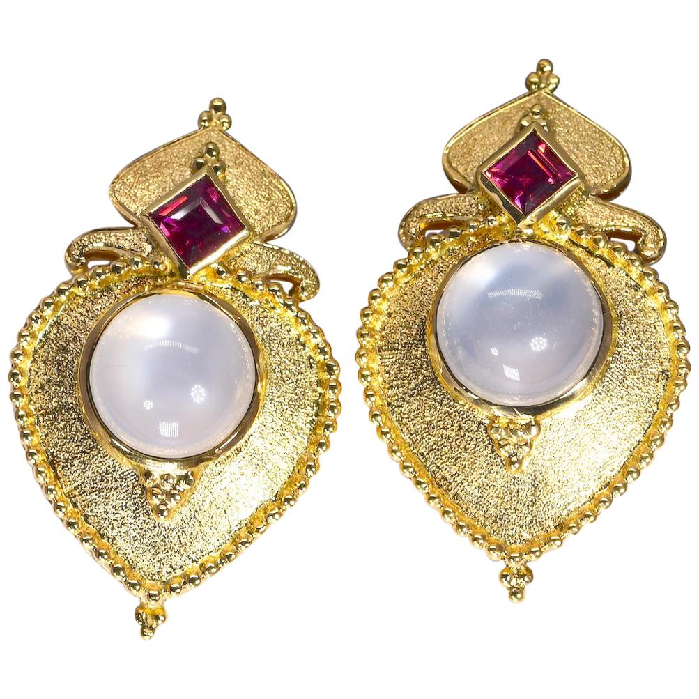 Garnet and Moonstone Earrings 18 Karat Yellow Gold 15.80 Grams