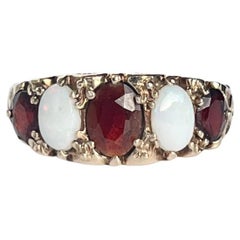 Vintage Garnet and Opal 9 Carat Gold Five-Stone Ring