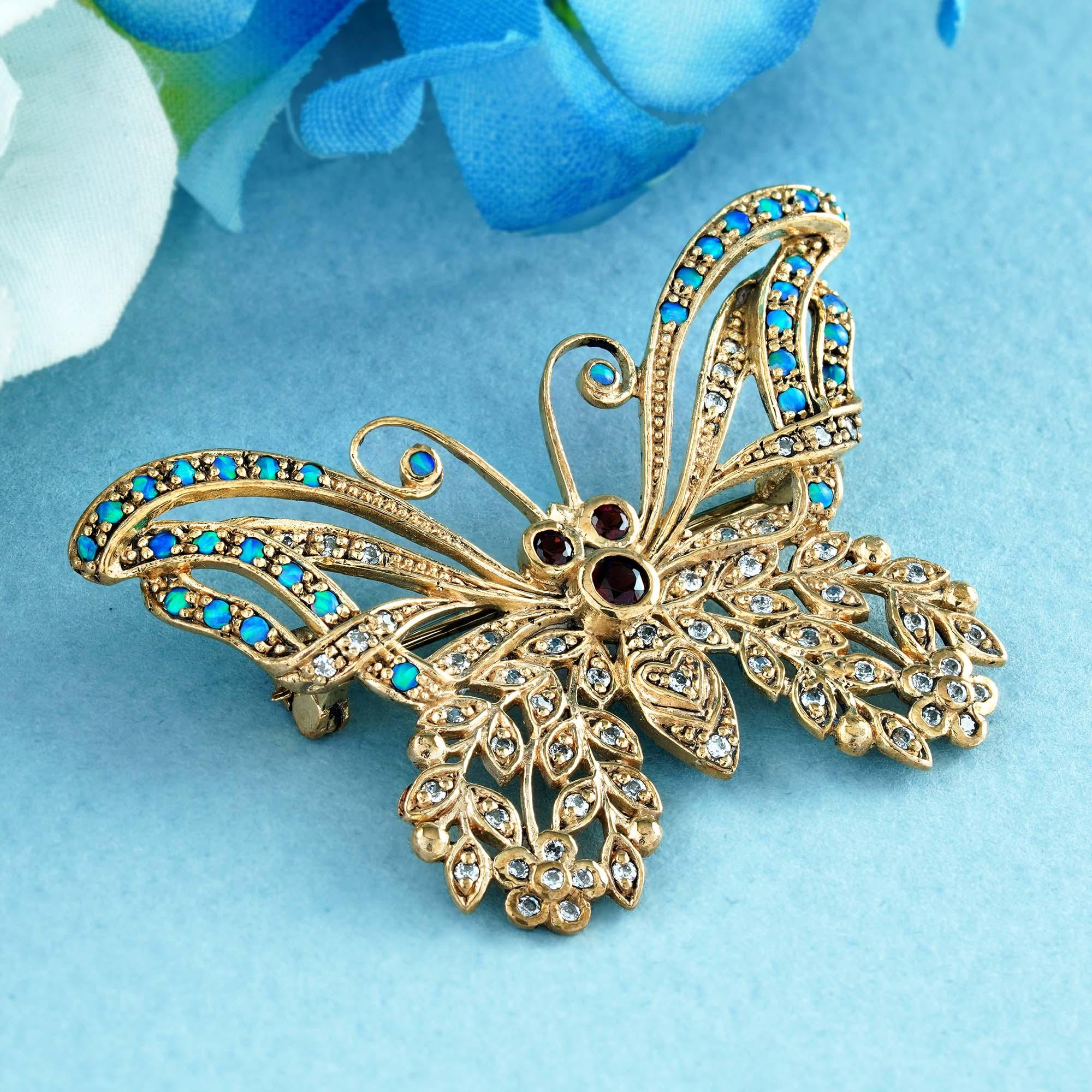 Edwardian Garnet and Opal and Diamond Vintage Style Butterfly Brooch in Solid 9K Gold For Sale