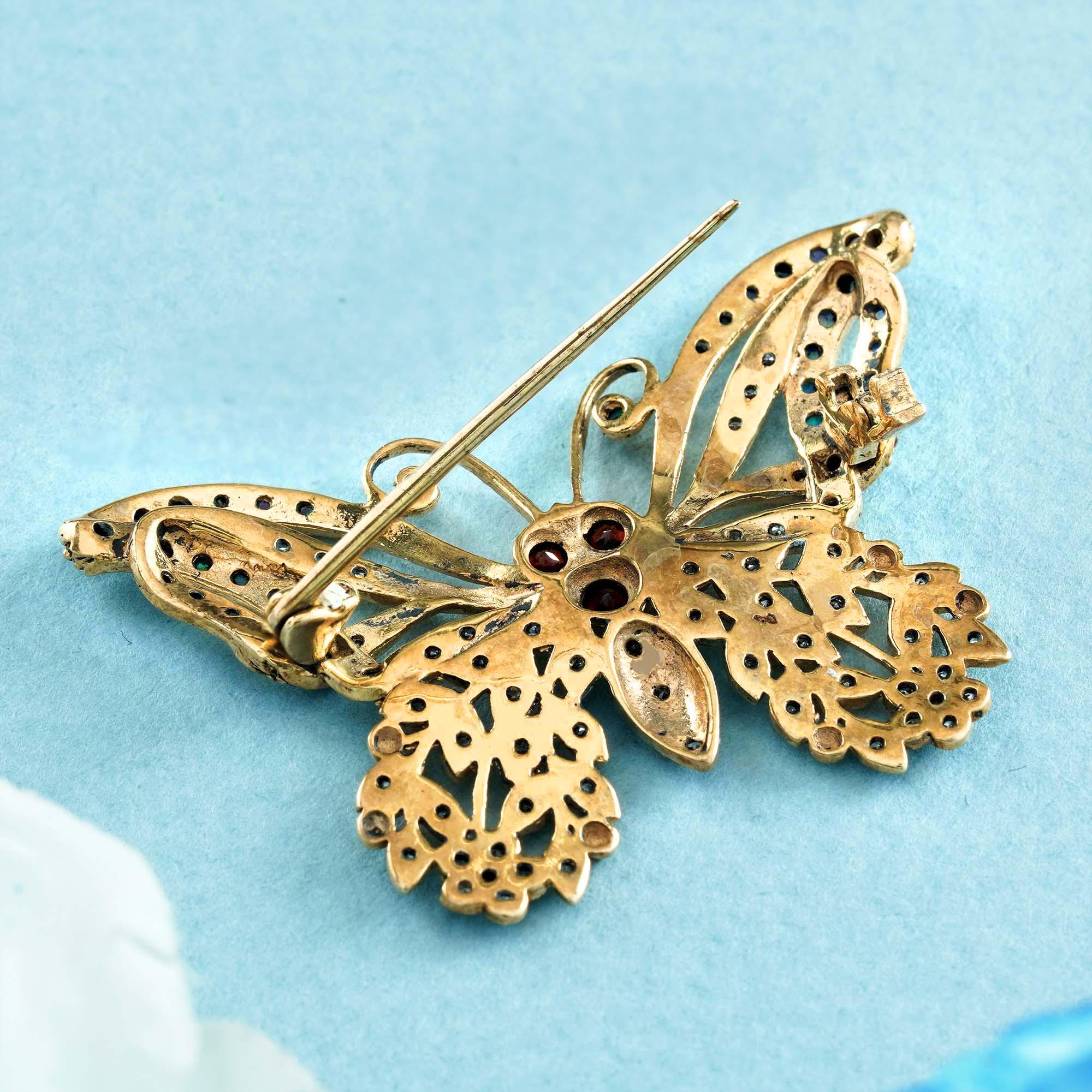 Round Cut Garnet and Opal and Diamond Vintage Style Butterfly Brooch in Solid 9K Gold For Sale