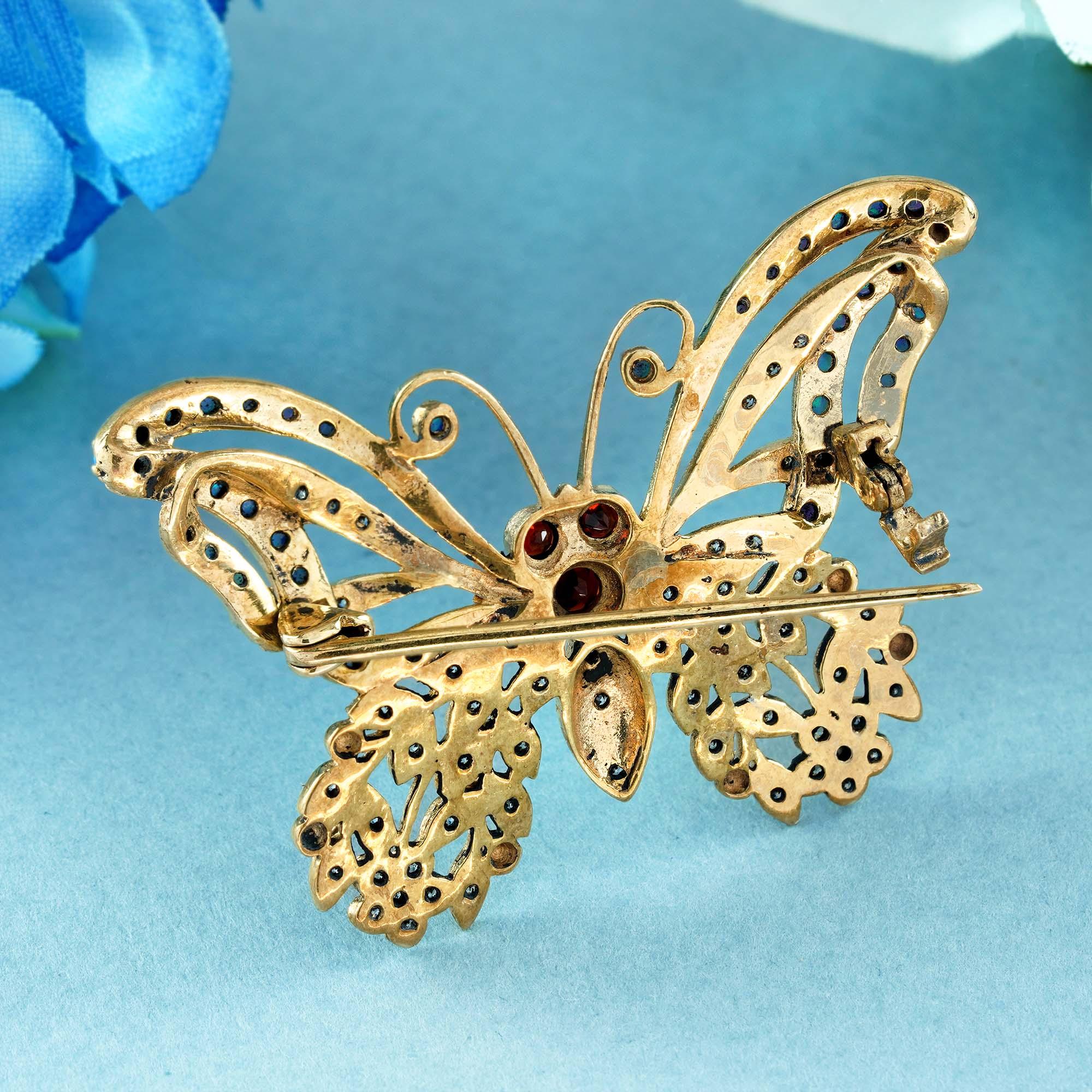 Garnet and Opal and Diamond Vintage Style Butterfly Brooch in Solid 9K Gold In New Condition For Sale In Bangkok, TH