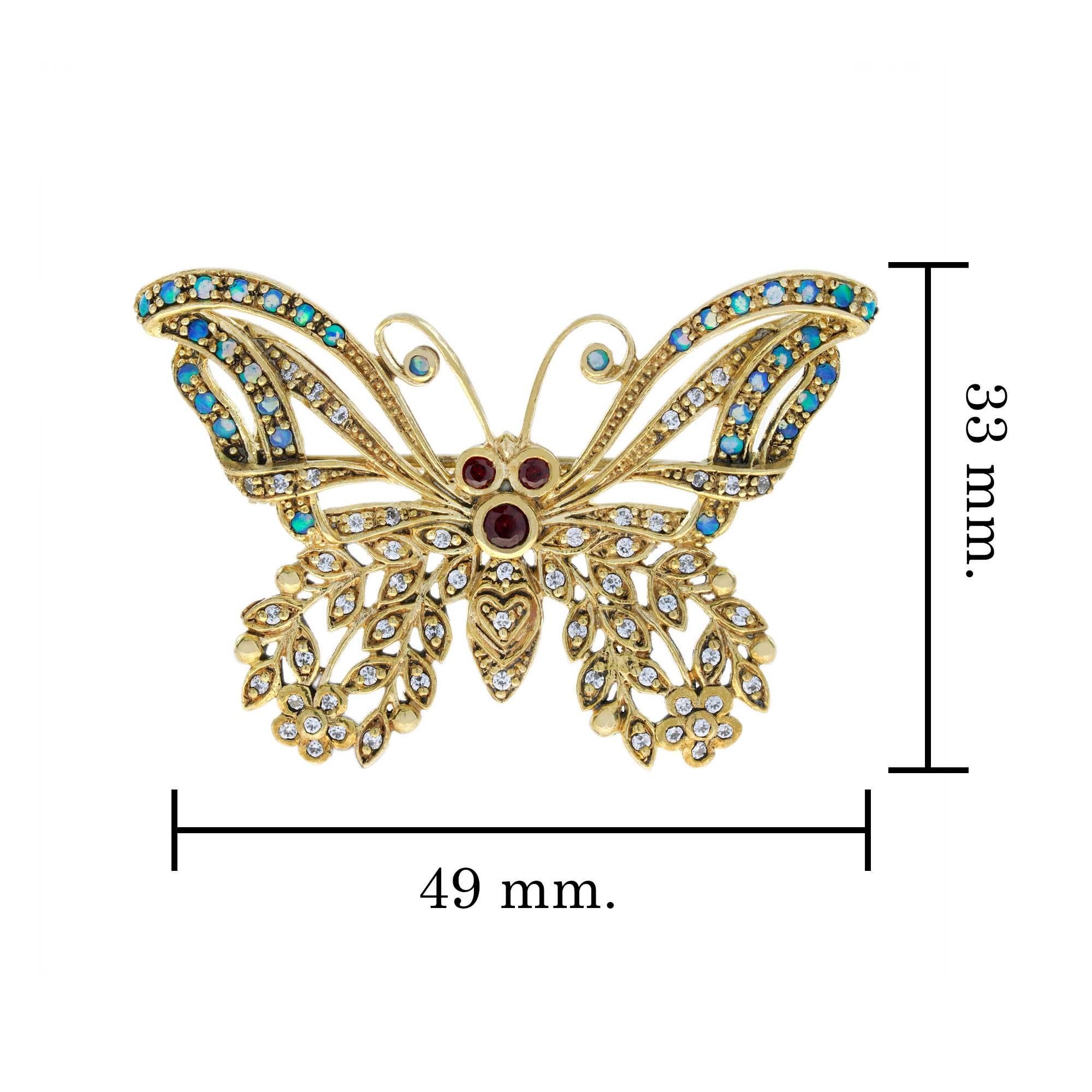 Women's Garnet and Opal and Diamond Vintage Style Butterfly Brooch in Solid 9K Gold For Sale