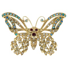 Schmetterlingsbrosche aus massivem 9 Karat Gold mit Granat, Opal und Diamant im Vintage-Stil