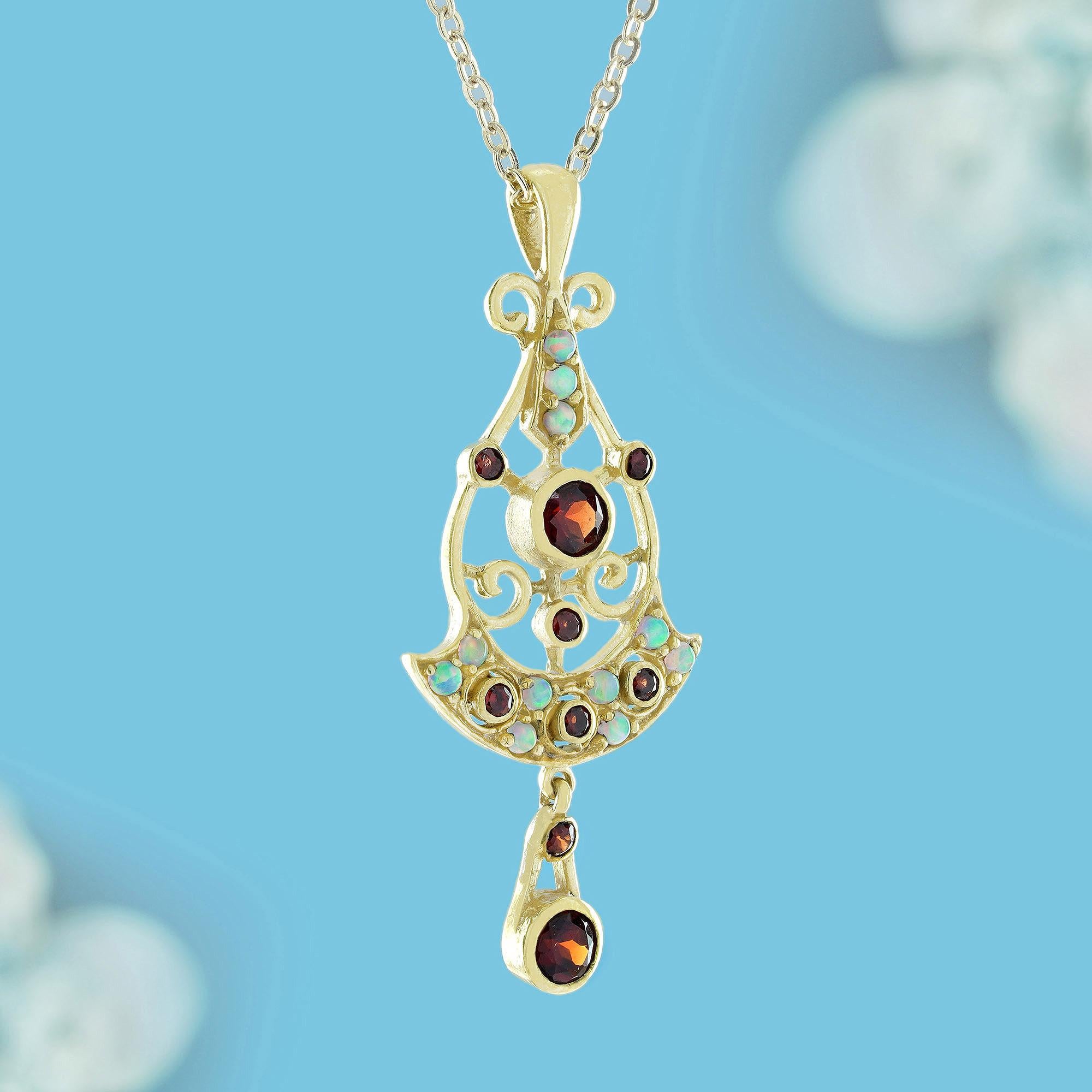 Art Deco Garnet and Opal Antique Style Pendant in 14K Yellow Gold For Sale