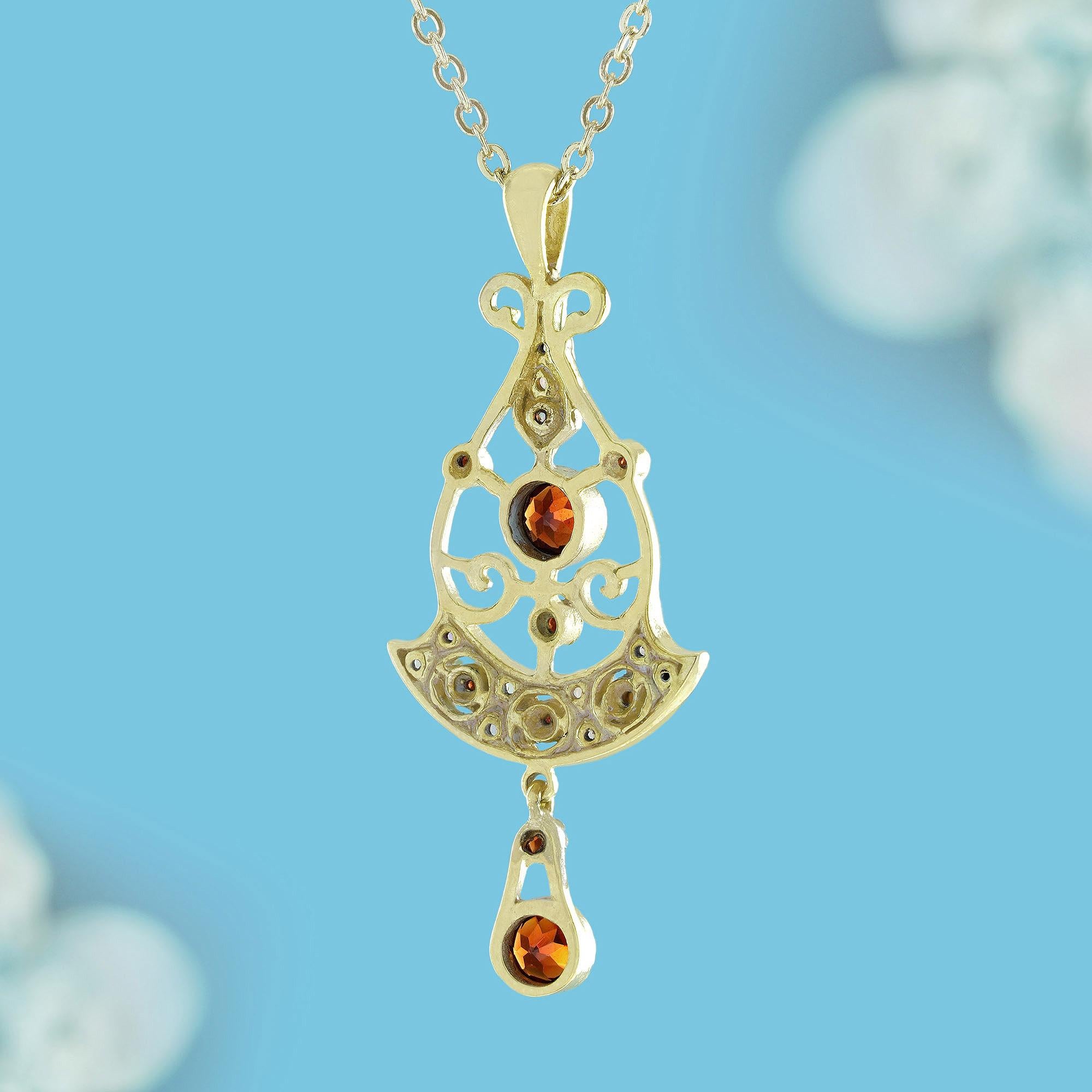 Round Cut Garnet and Opal Antique Style Pendant in 14K Yellow Gold For Sale