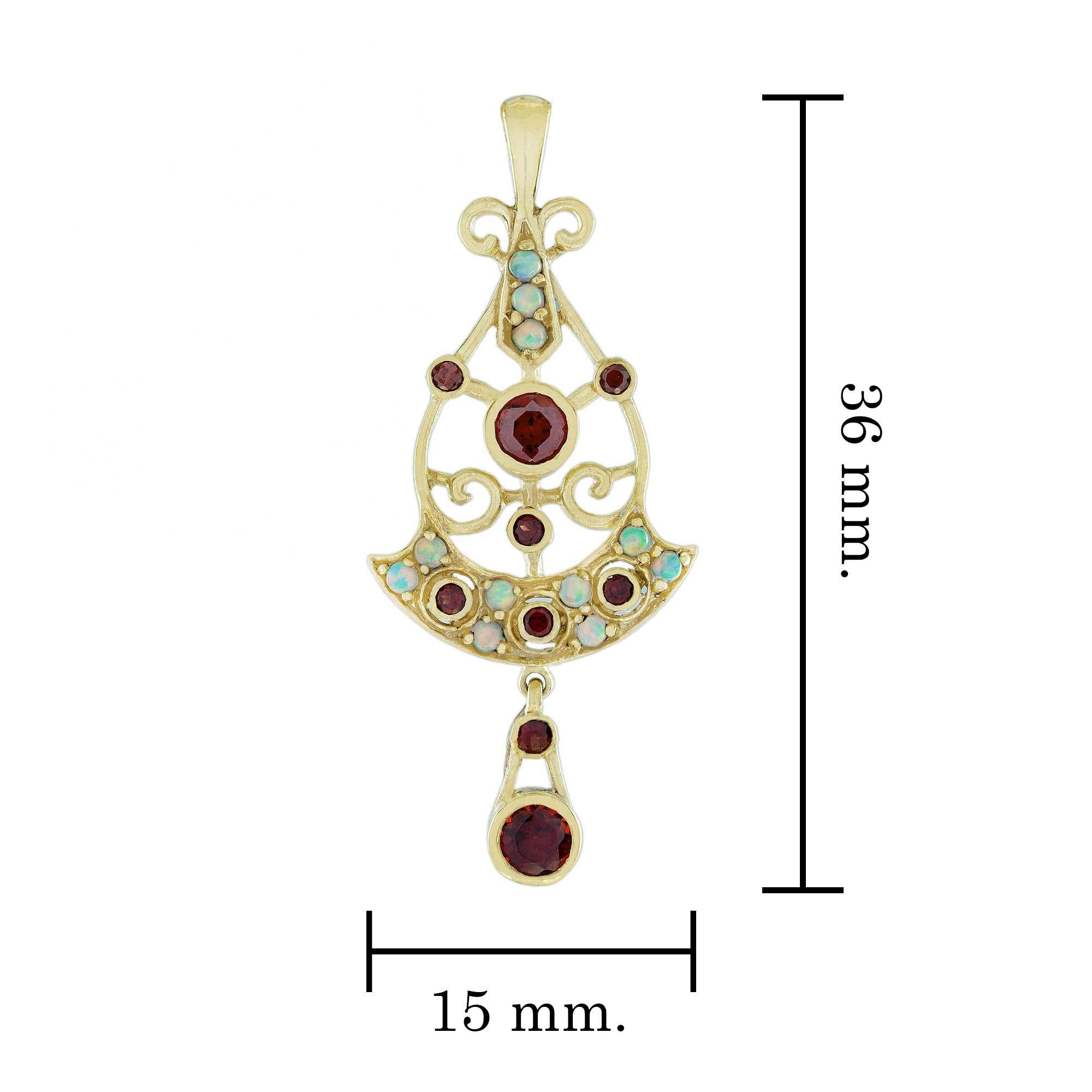 Garnet and Opal Antique Style Pendant in 14K Yellow Gold In New Condition For Sale In Bangkok, TH