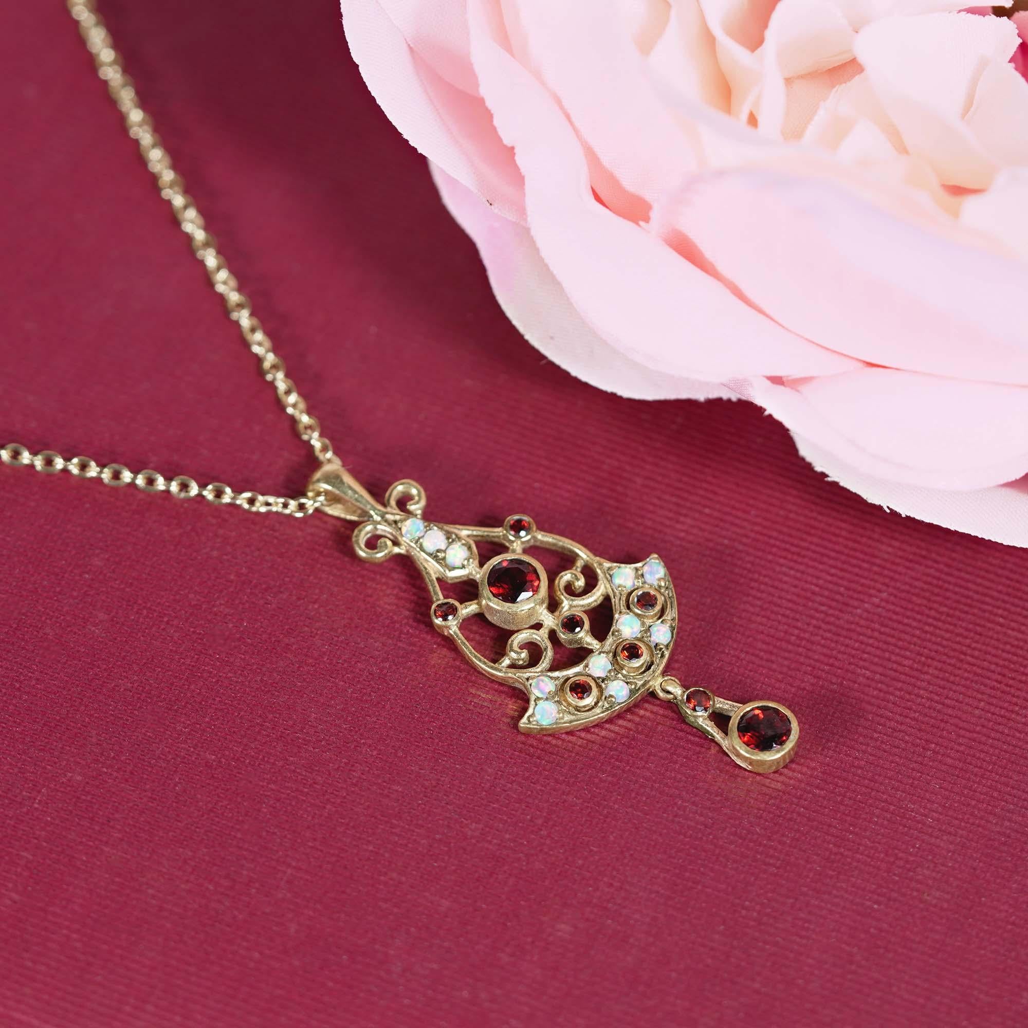 Women's Garnet and Opal Antique Style Pendant in 14K Yellow Gold For Sale