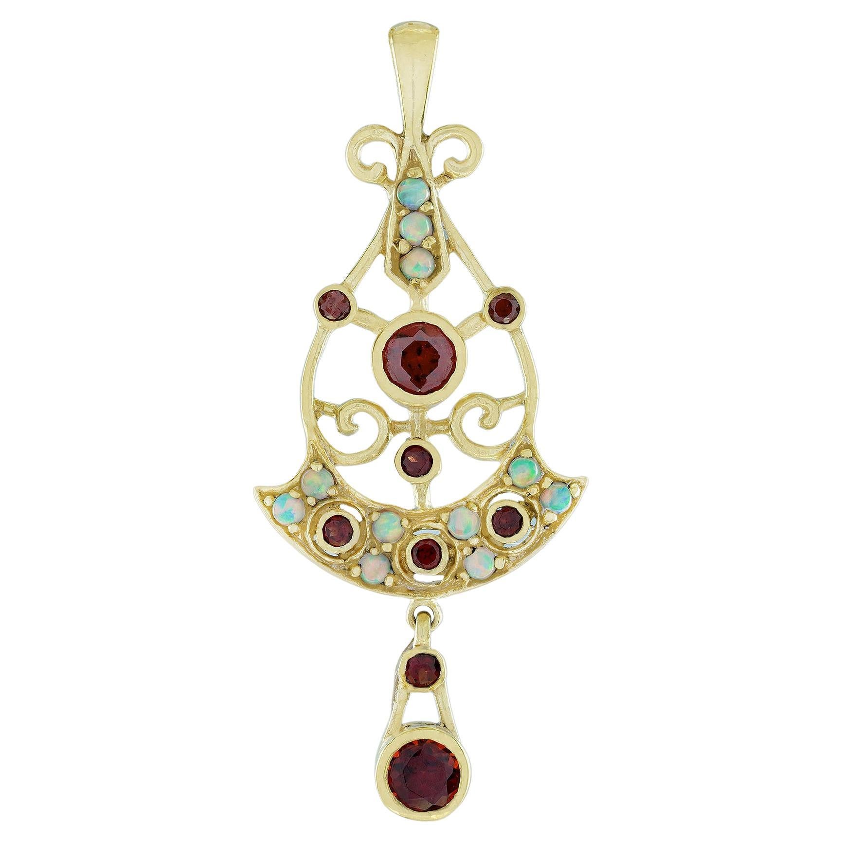 Garnet and Opal Antique Style Pendant in 14K Yellow Gold For Sale