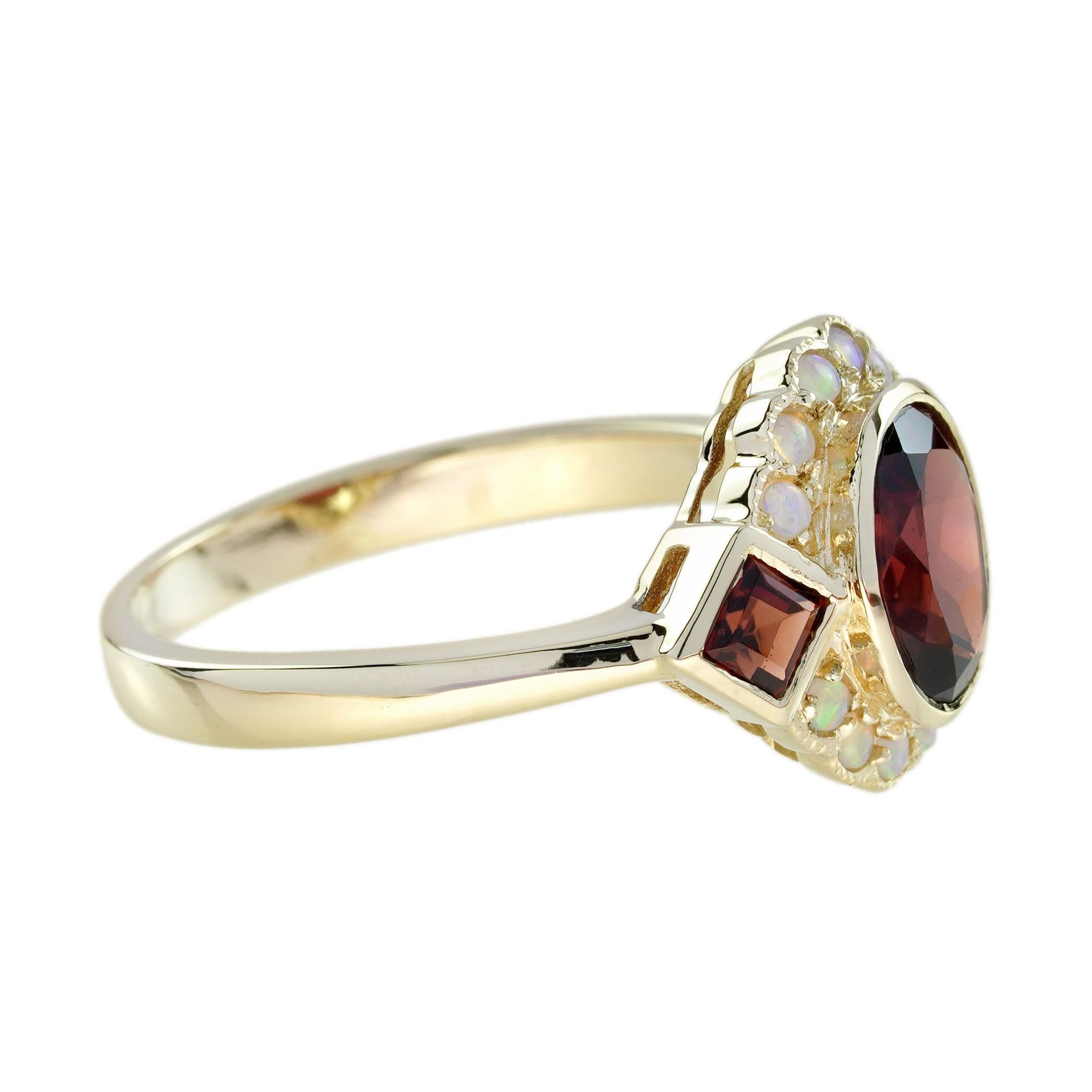 Garnet and Opal Art Deco Style Ring in 14K Yellow Gold In New Condition For Sale In Bangkok, TH