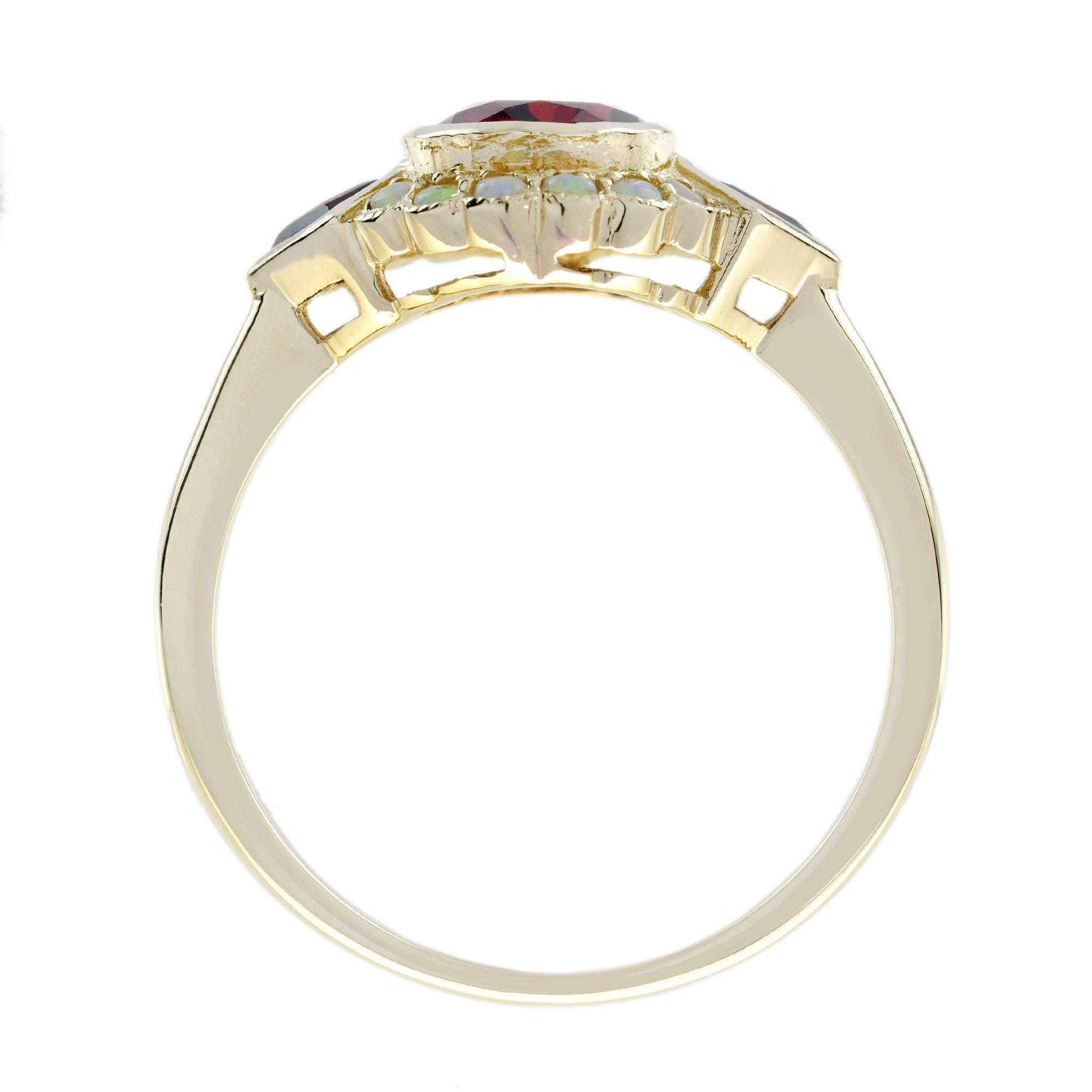 Bague de style Art déco en or jaune 14K avec grenat et opale en vente 1