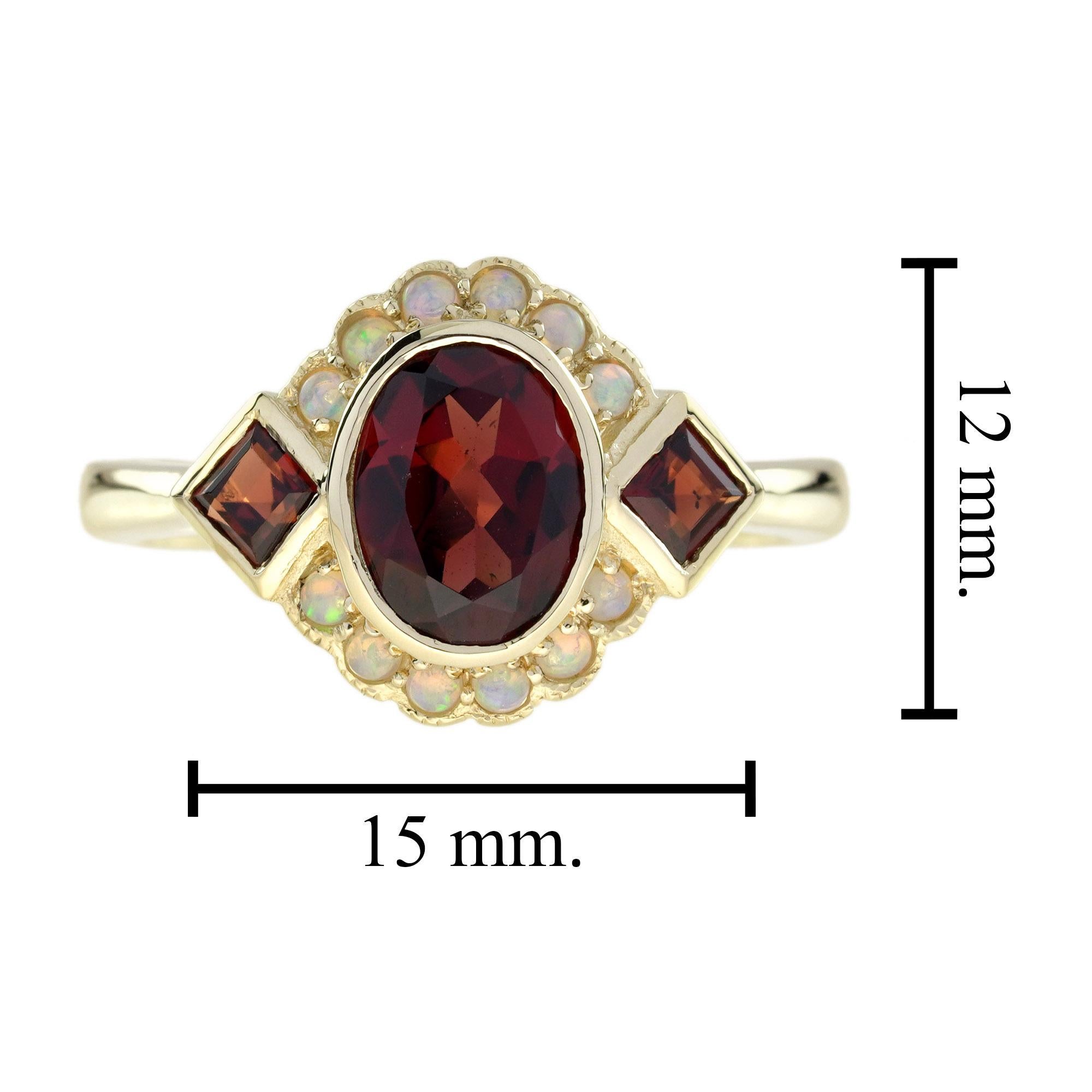 Bague de style Art déco en or jaune 14K avec grenat et opale en vente 2