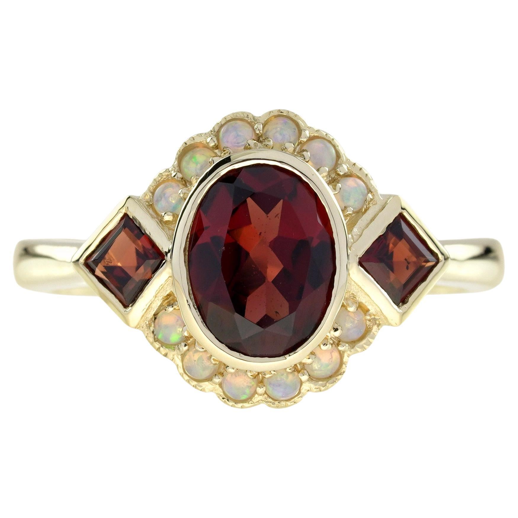 Bague de style Art déco en or jaune 14K avec grenat et opale en vente