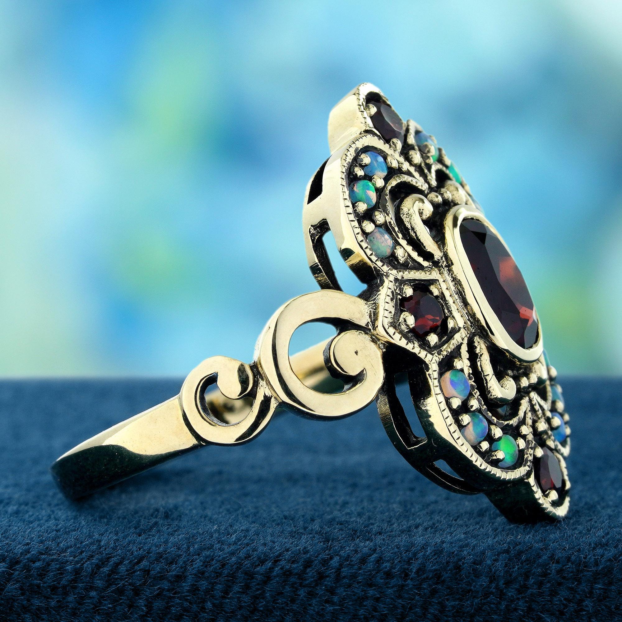 Taille ovale Bague cocktail de style vintage en or jaune 9K massif, grenat et opale en vente