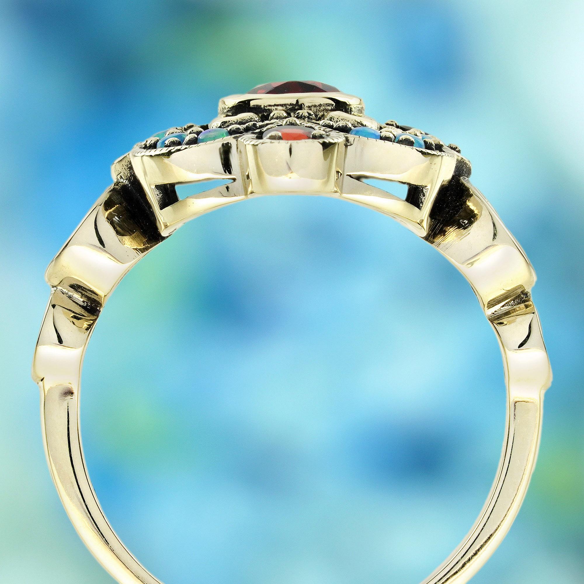 Bague cocktail de style vintage en or jaune 9K massif, grenat et opale Neuf - En vente à Bangkok, TH