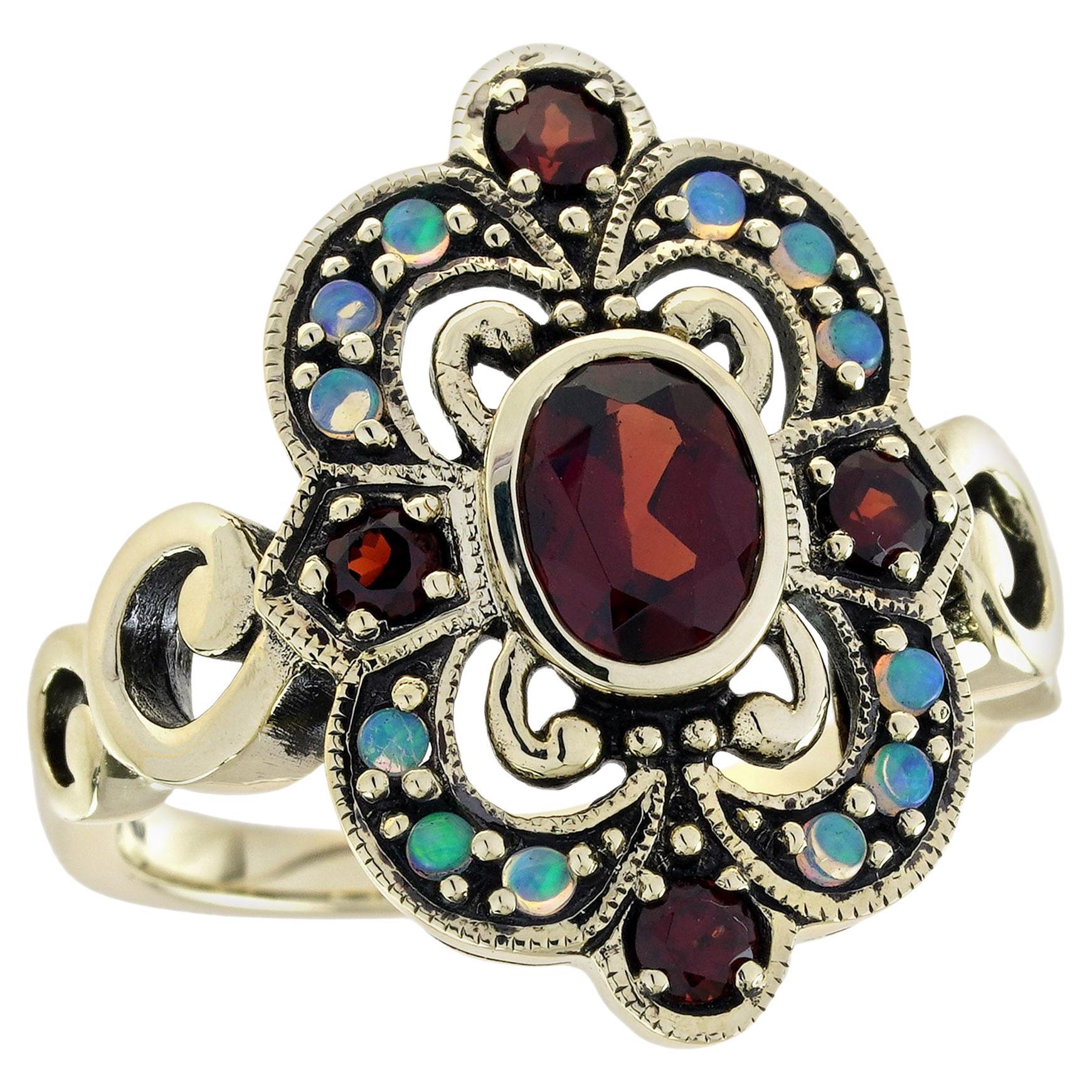 Granat und Opal Vintage-Stil Cocktail-Ring in massivem 9K Gelbgold