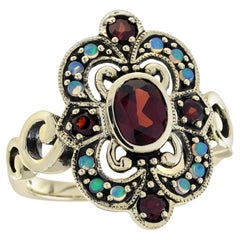 Garnet and Opal Vintage Style Cocktail Ring in Solid 9K Yellow Gold