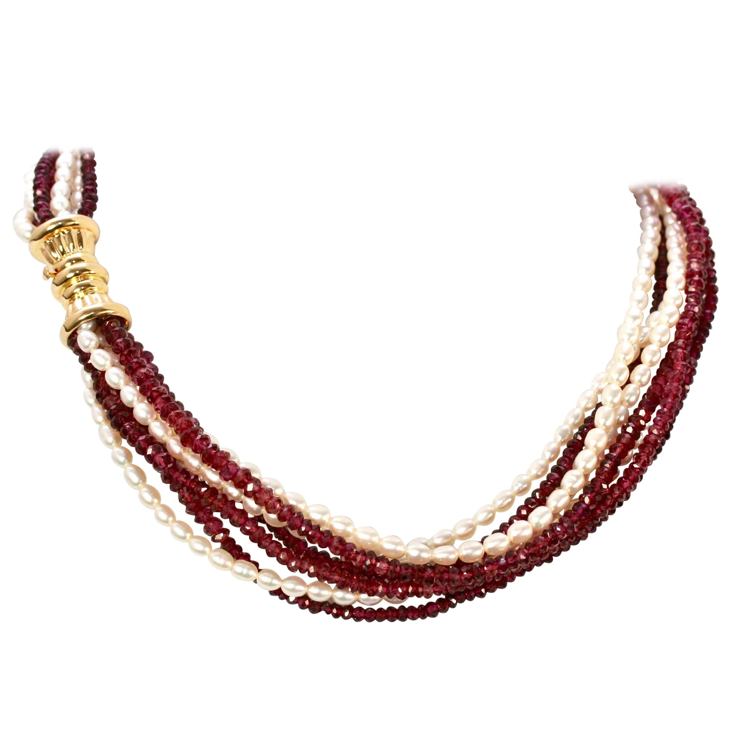 Garnet and Oval Pearls Torsade Necklace with 18 Karat Yellow Gold Clasp For Sale
