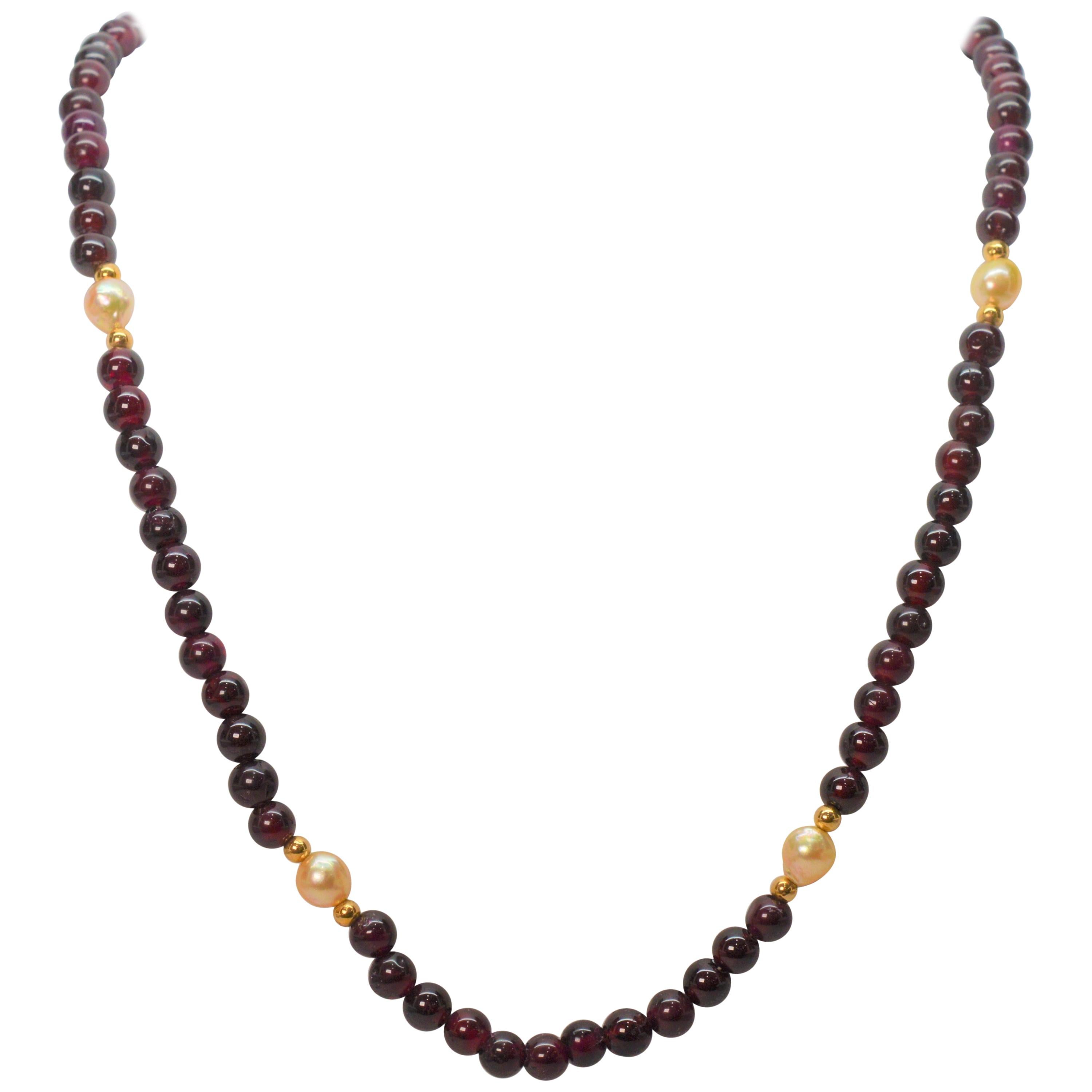 Garnet and Pearl 14 Karat Gold Bead Necklace