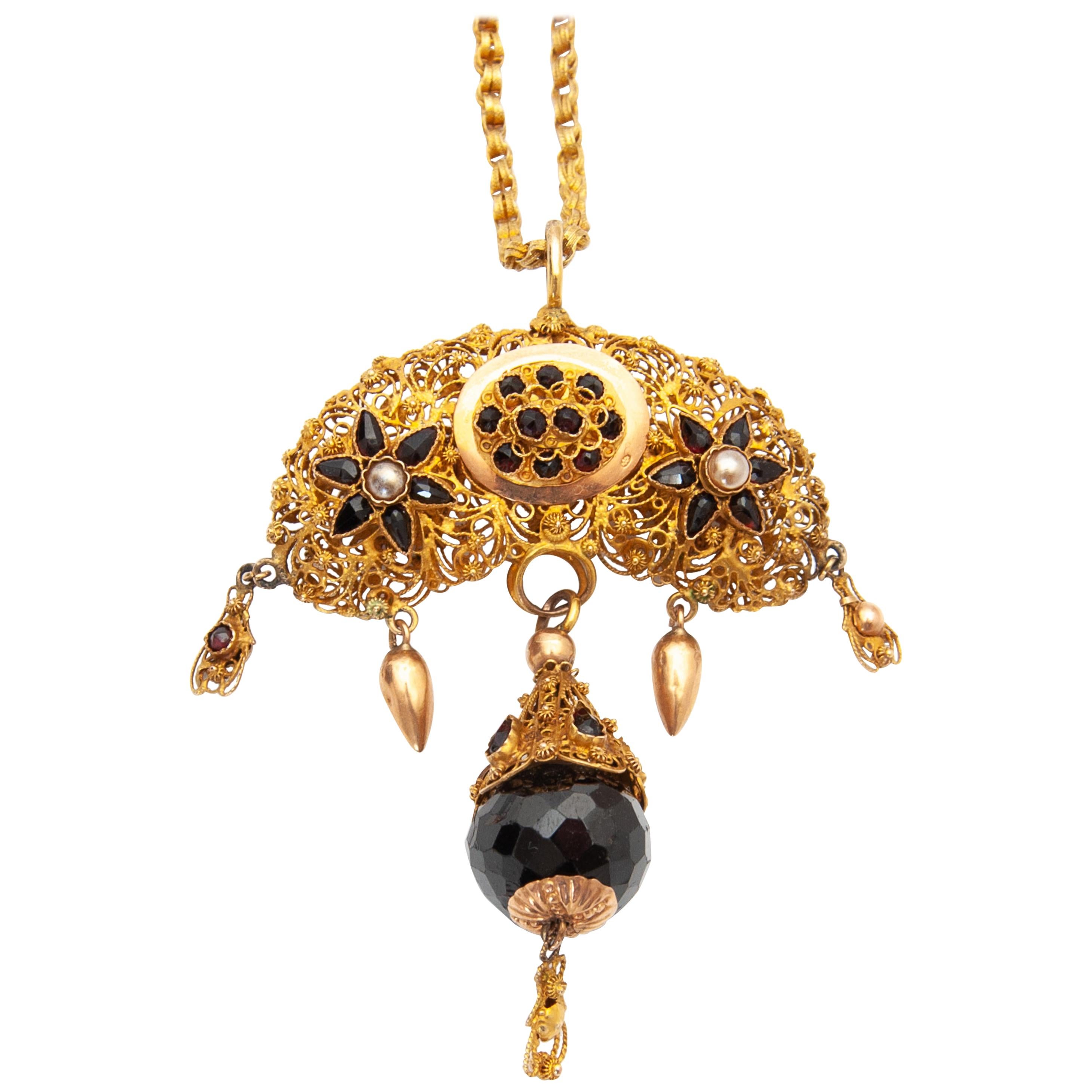 Antiquités - Collier à pendentif grenat en or 14K filigrané des années 1890