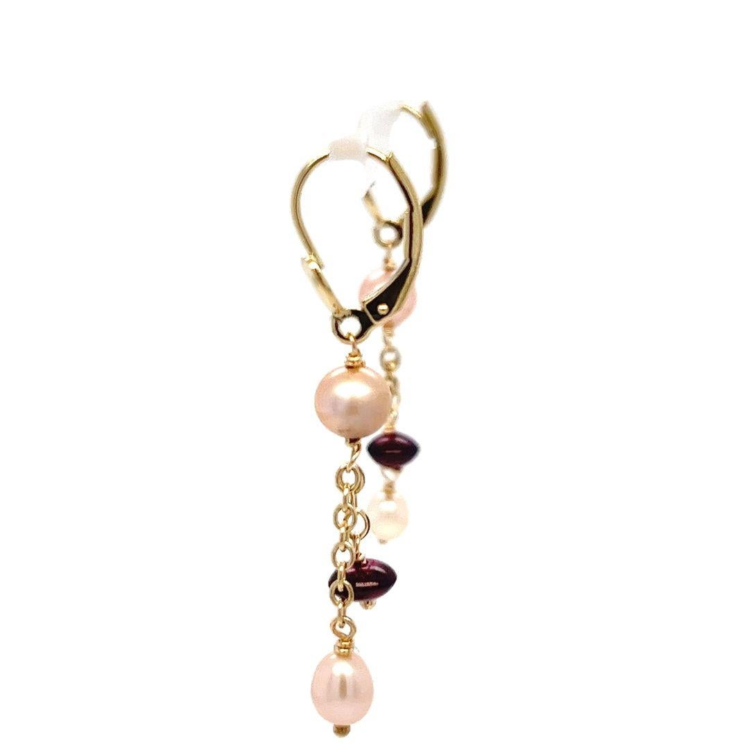 Bead Garnet and Pearl Drop Earrings in Yellow Gold For Sale