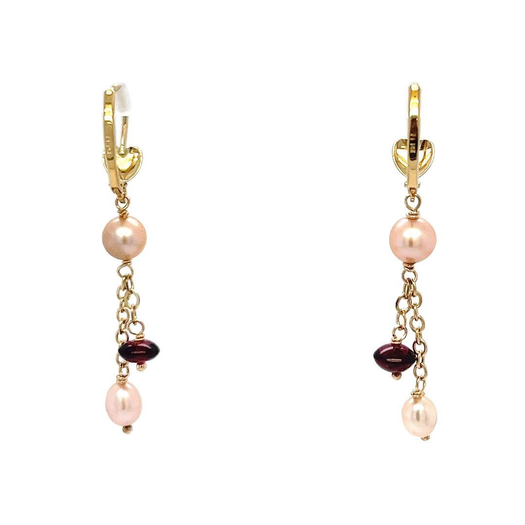 Women's Garnet and Pearl Drop Earrings in Yellow Gold For Sale