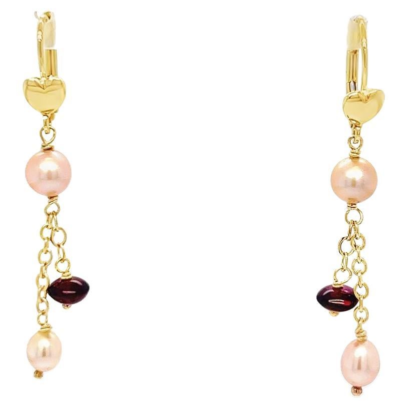 Garnet and Pearl Drop Earrings in Yellow Gold For Sale