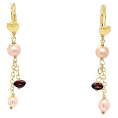 Garnet and Pearl Drop Earrings in Yellow Gold