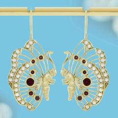 Garnet and Pearl Vintage Style Butterfly Dangle Earrings in 9K Gold