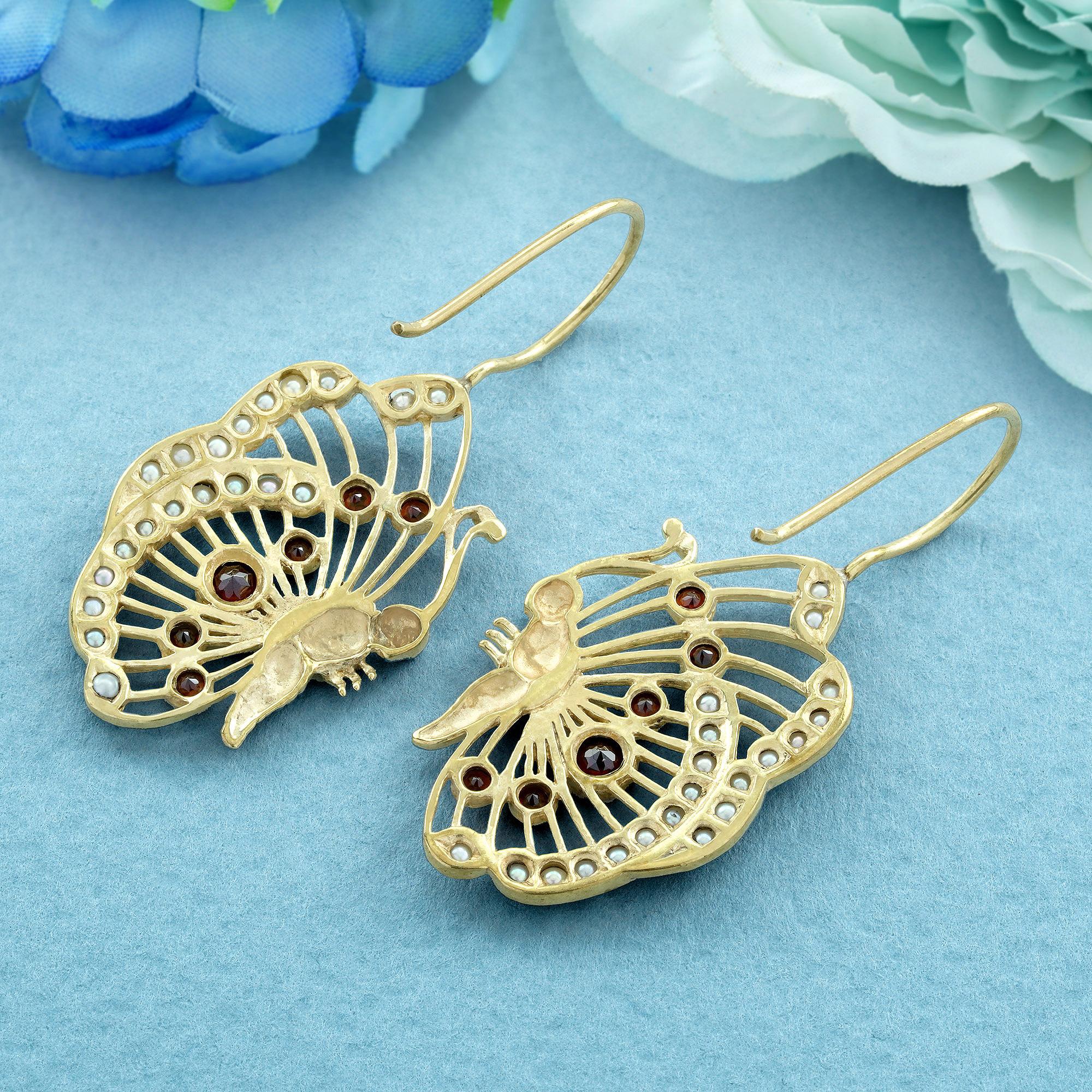 Granat und Perle Vintage Style Schmetterling baumeln Ohrringe in 9K Gold (Rundschliff) im Angebot