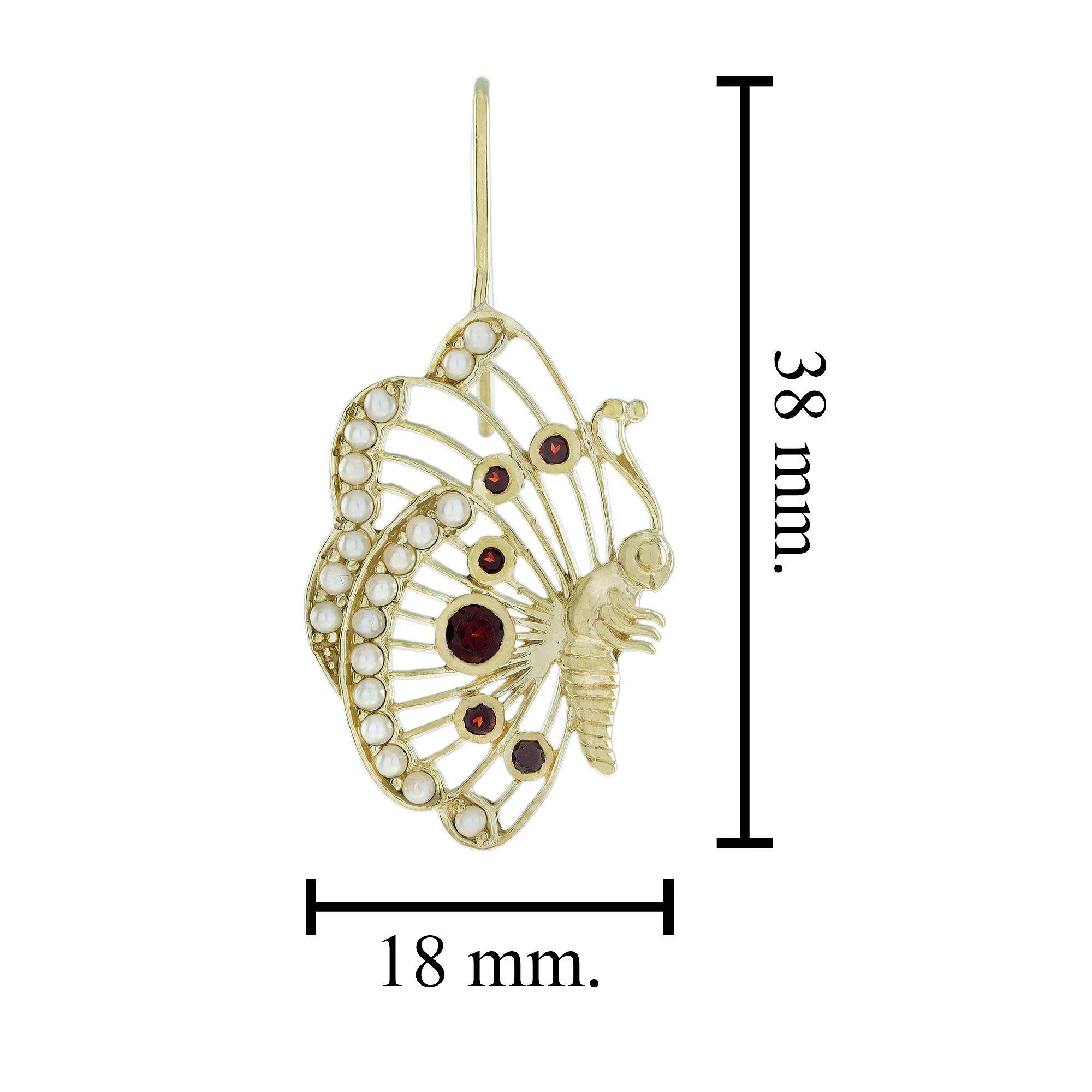 Granat und Perle Vintage Style Schmetterling baumeln Ohrringe in 9K Gold im Zustand „Neu“ im Angebot in Bangkok, TH