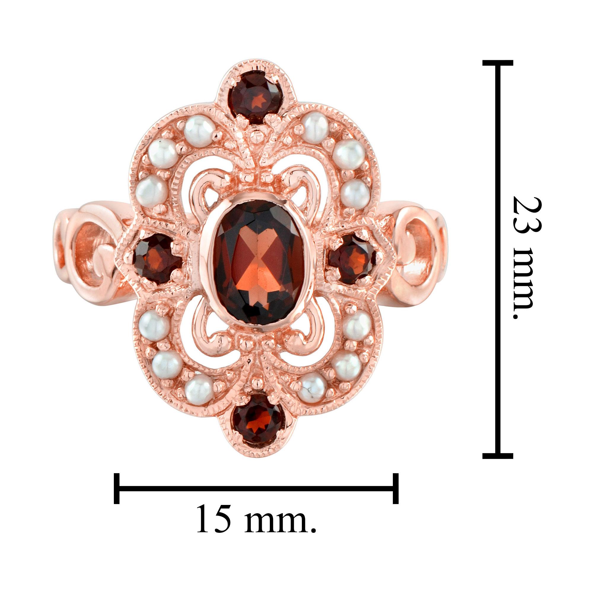 Women's Garnet and Pearl Vintage Style Cocktail Ring in 14K Rose Gold For Sale