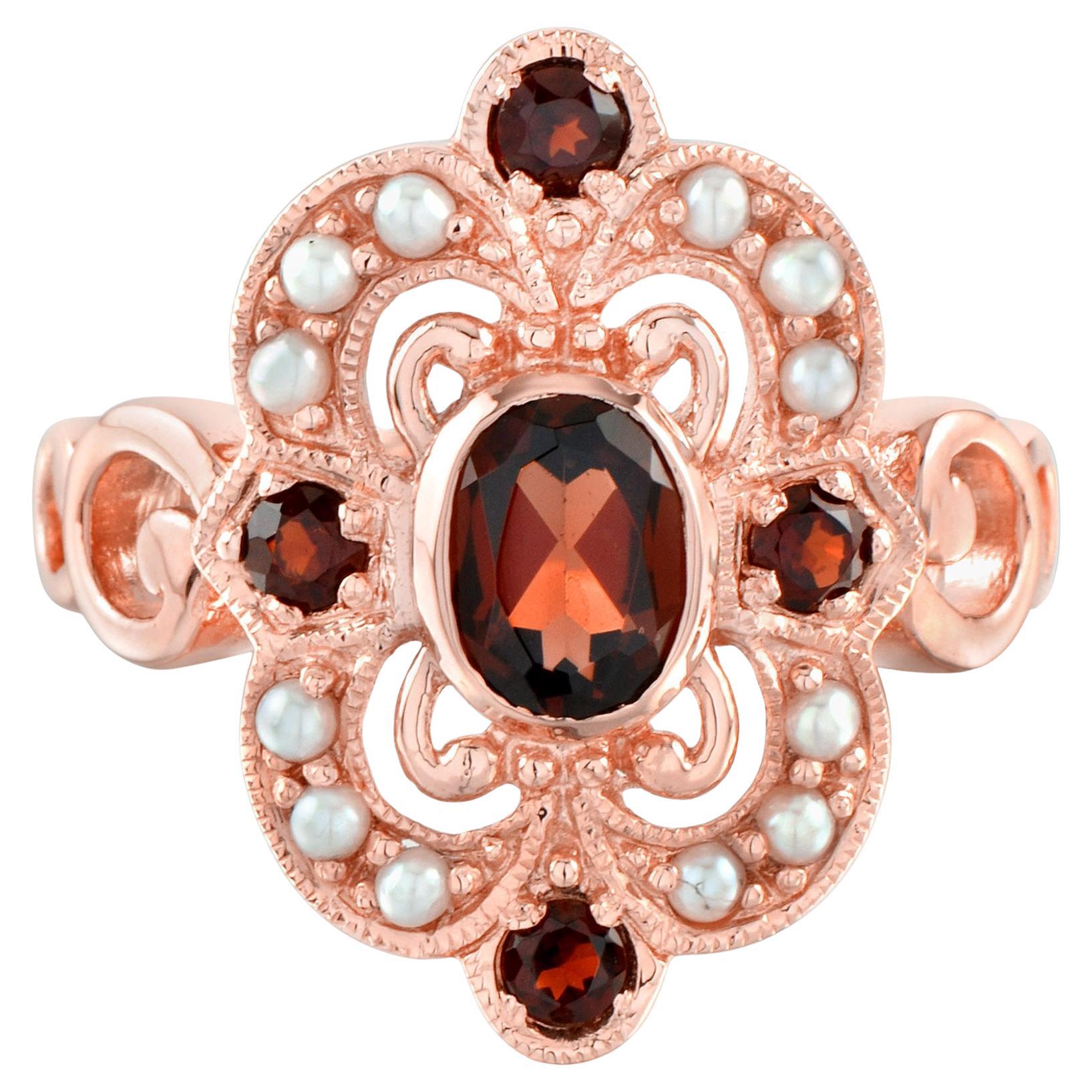 Garnet and Pearl Vintage Style Cocktail Ring in 14K Rose Gold